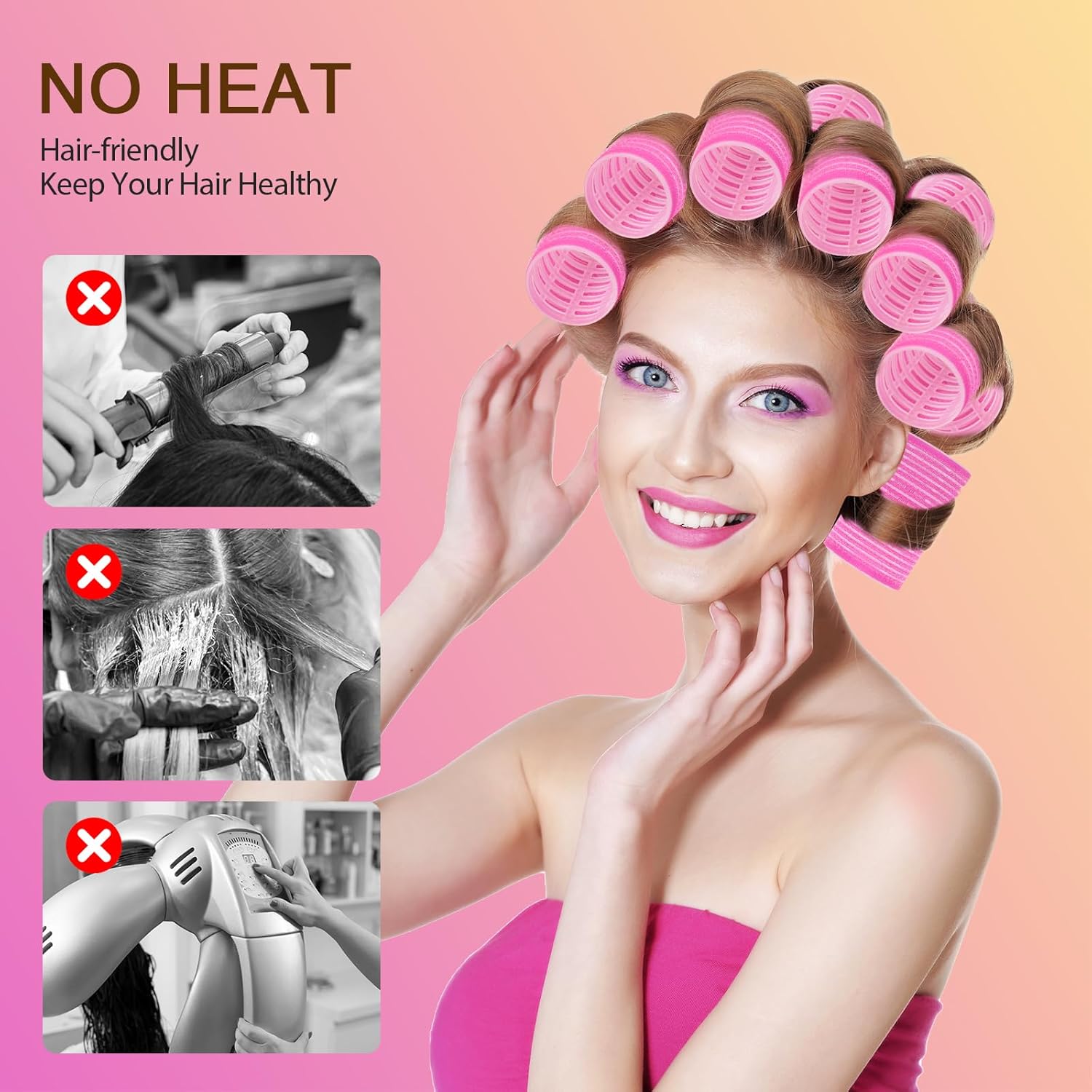 Romon - Ensemble de bigoudis multi-tailles - 40/30/20mm - 31 rouleaux auto-adhésifs, sans chaleur, 12 pinces et 1 peigne