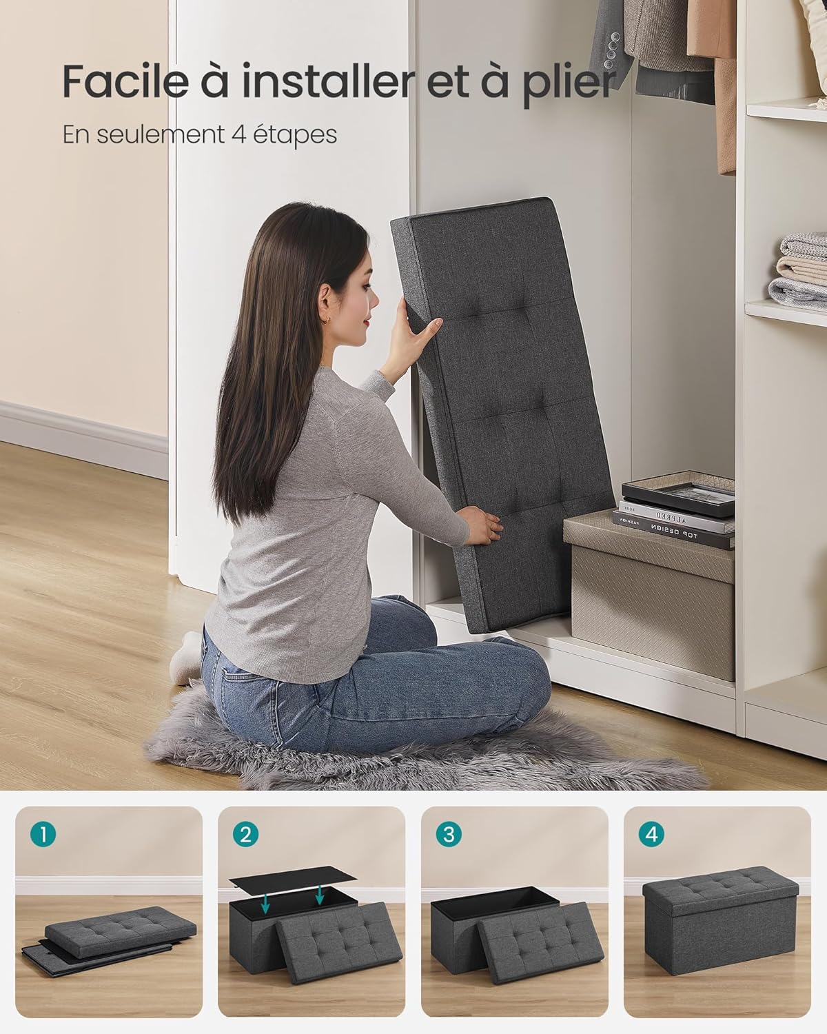 SONGMICS - banc de rangement pliable - 38x76x38 cm - coffre solide 300kg, gris foncé LSF47K