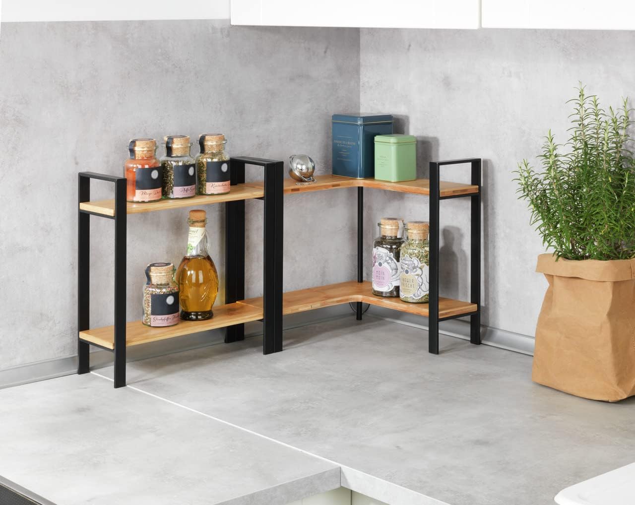 WENKO - étagère d’angle Lou - 30x33x30 cm - 2 niveaux bambou et métal