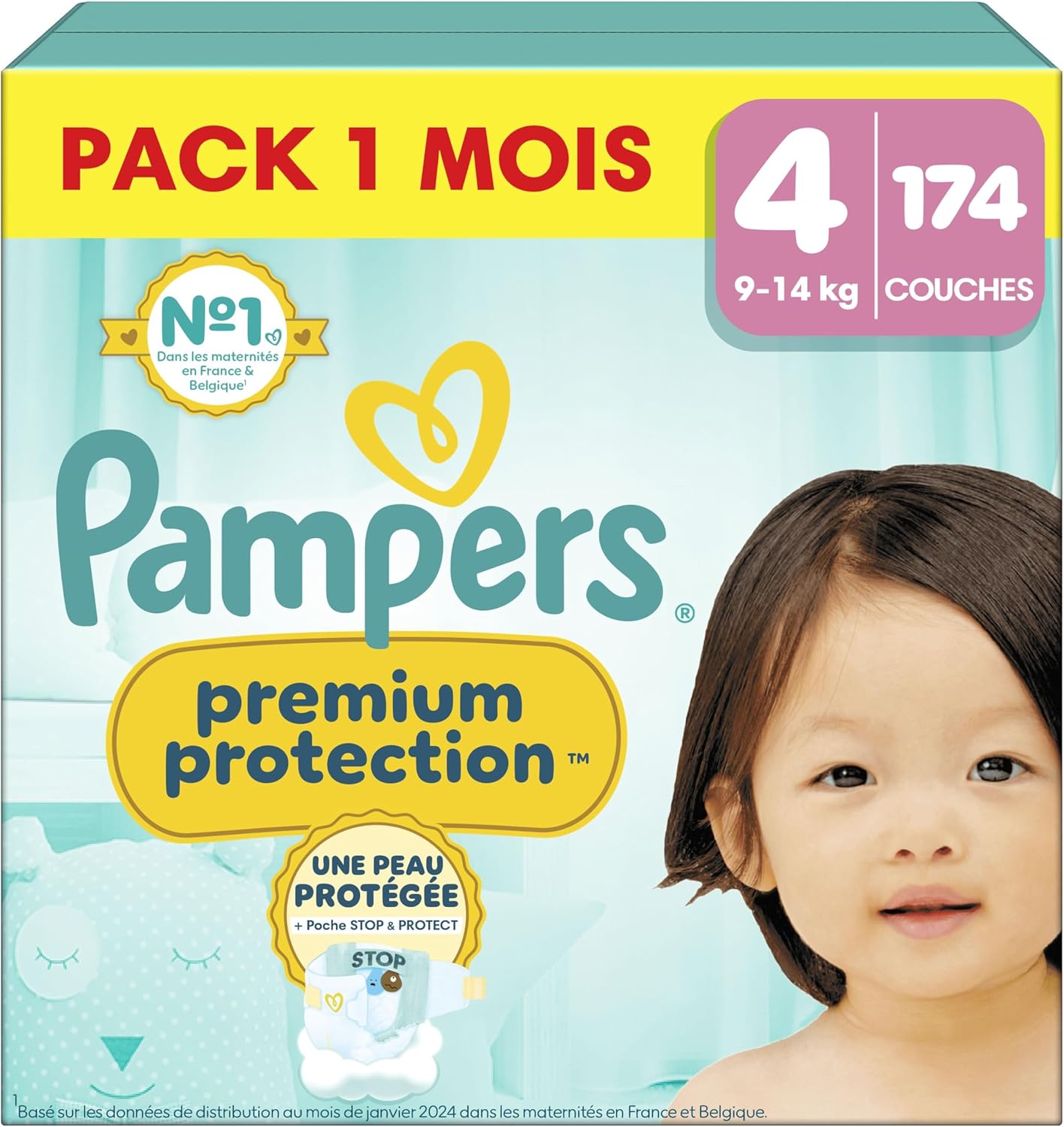 Pampers - Premium Protection Taille 4 - 9-14kg, 174 couches, double protection peau et fuites