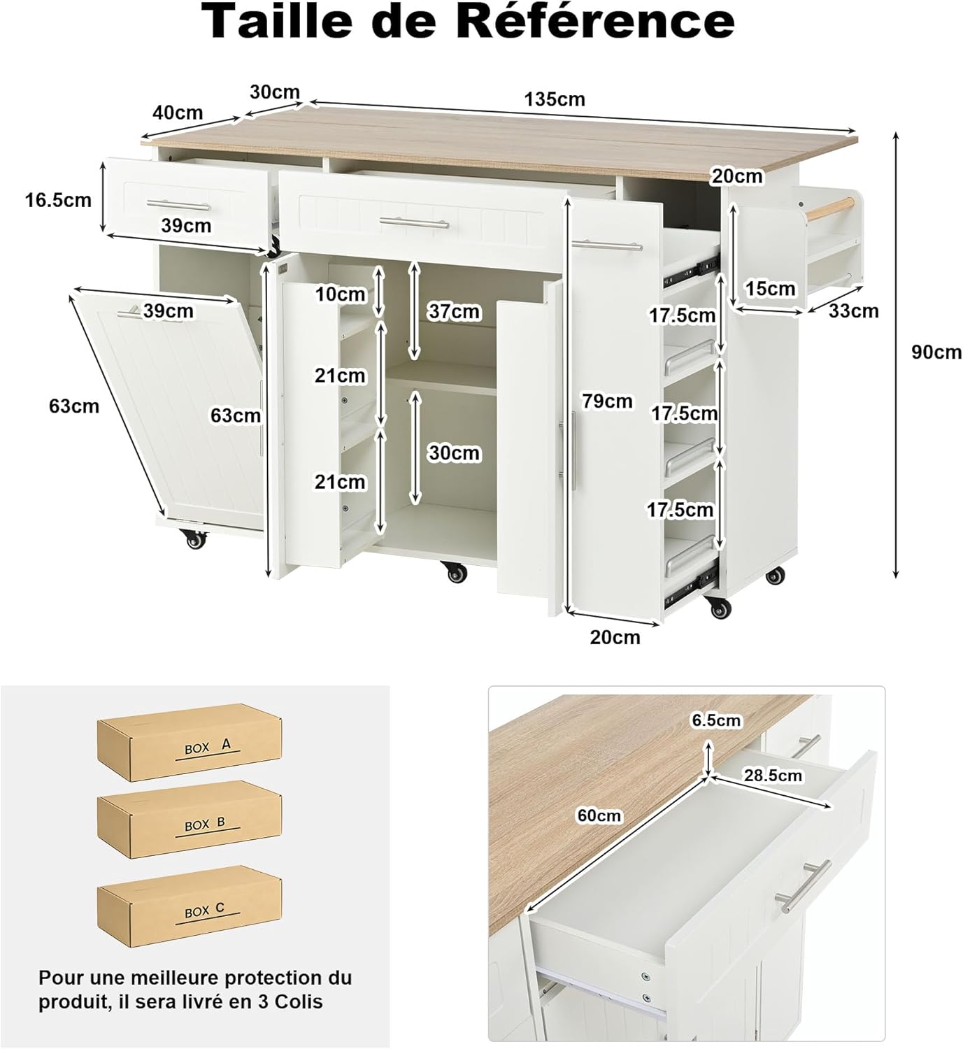 Desserte îlot cuisine - plan rabattable, USB, tiroirs, rangement, blanc
