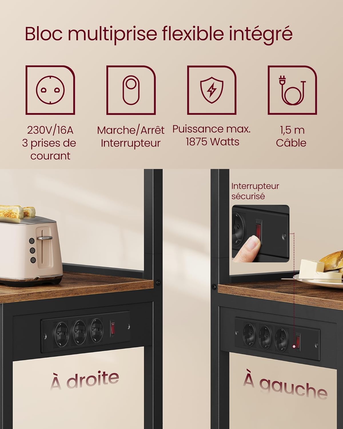 VASAGLE - étagère cuisine série bar café, 80x40x140 cm, 4 niveaux, multiprise, 8 crochets S, KKS029KD02