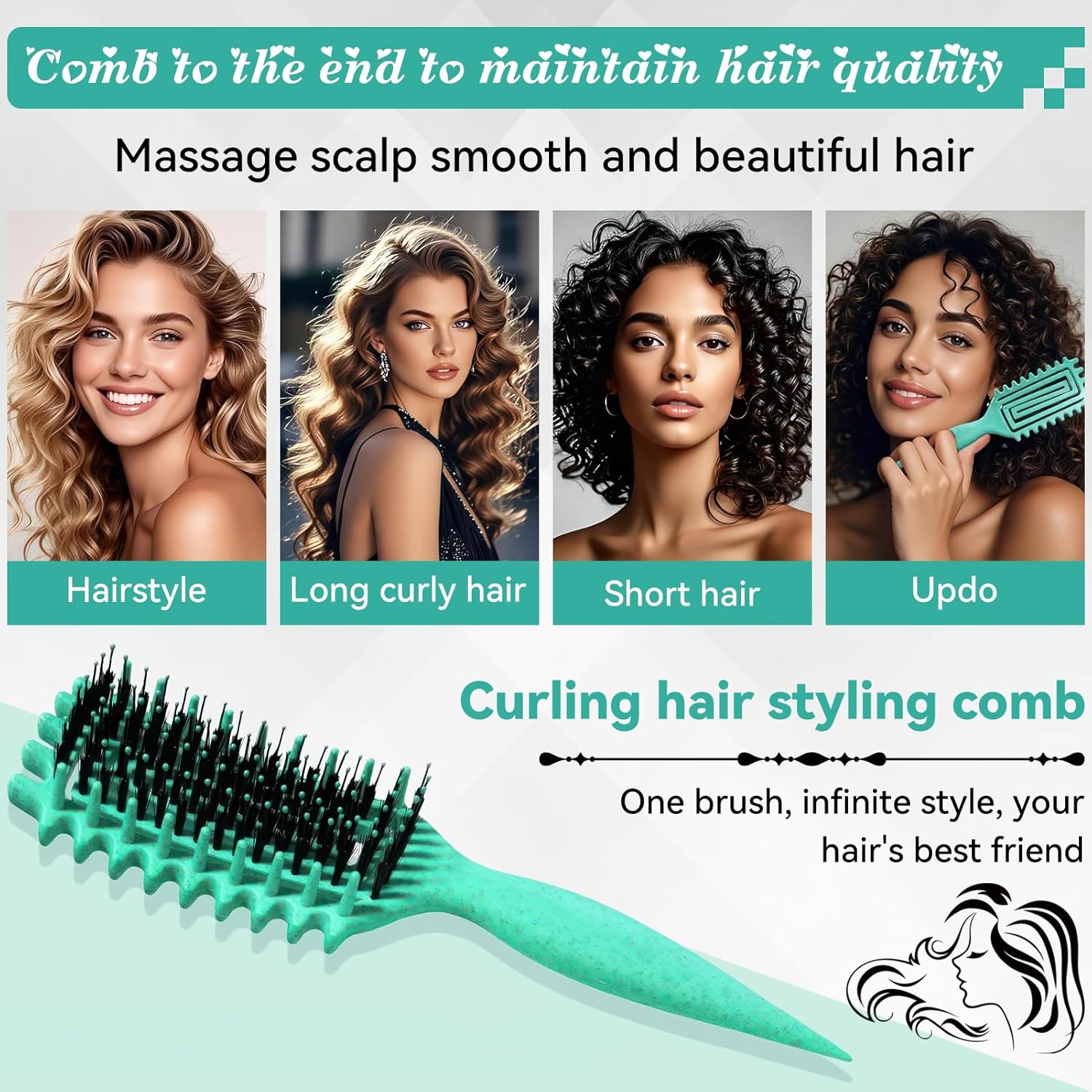 Brosse à boucler - manche ergonomique, antistatique, doux - démêlage facile - cheveux femmes, hommes, enfants - vert