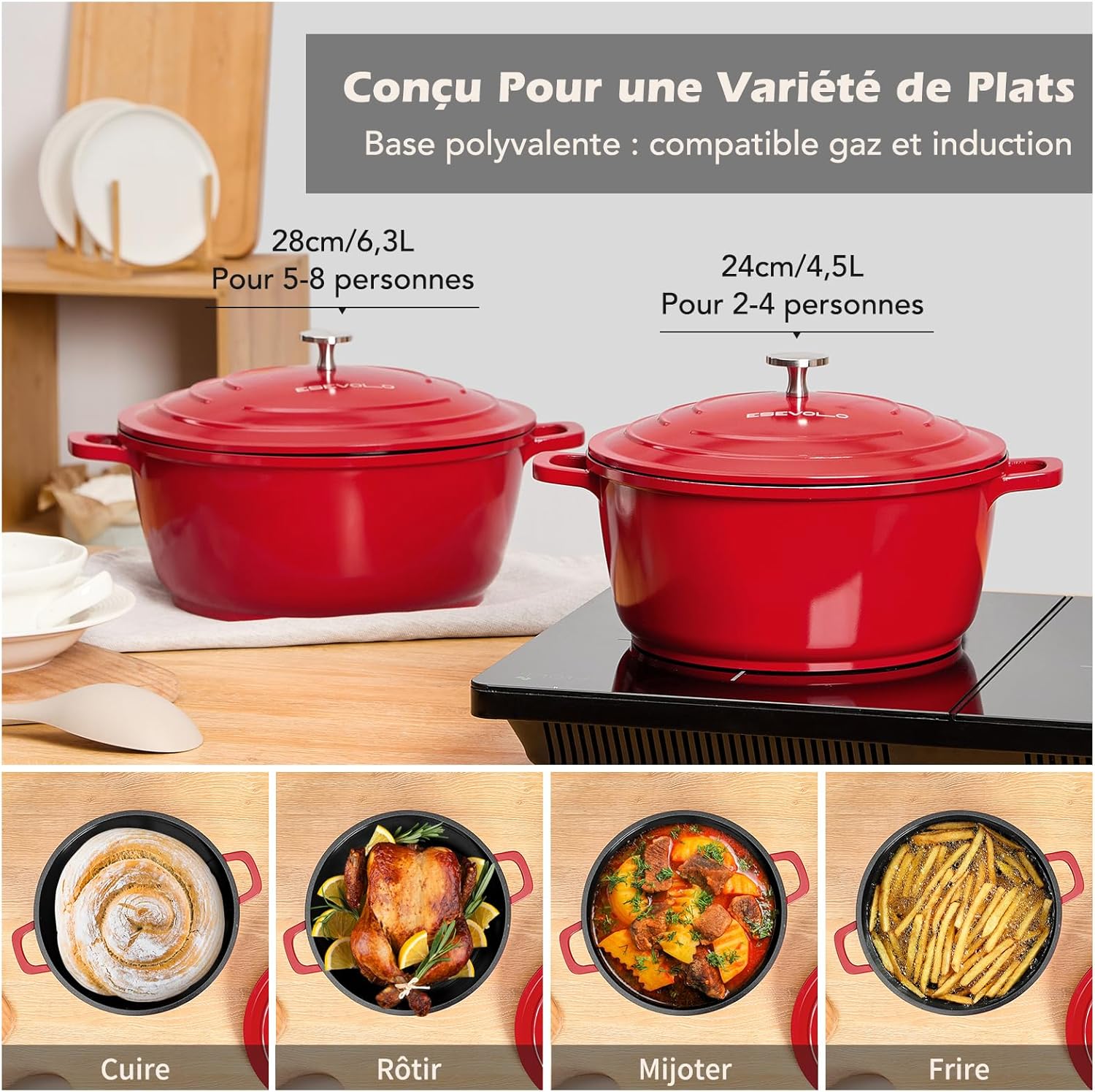 Cocotte fonte ronde 24cm, 4,5L, revêtement céramique, induction