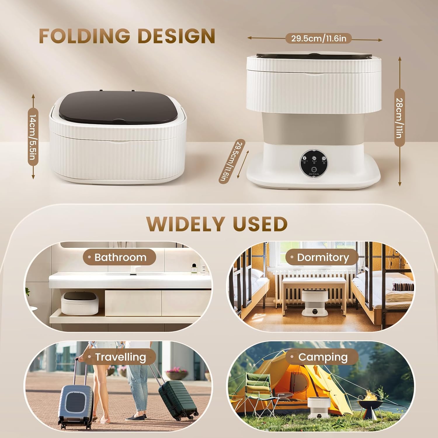 Mini machine à laver - 12L portable, panier séchage, compacte, kaki