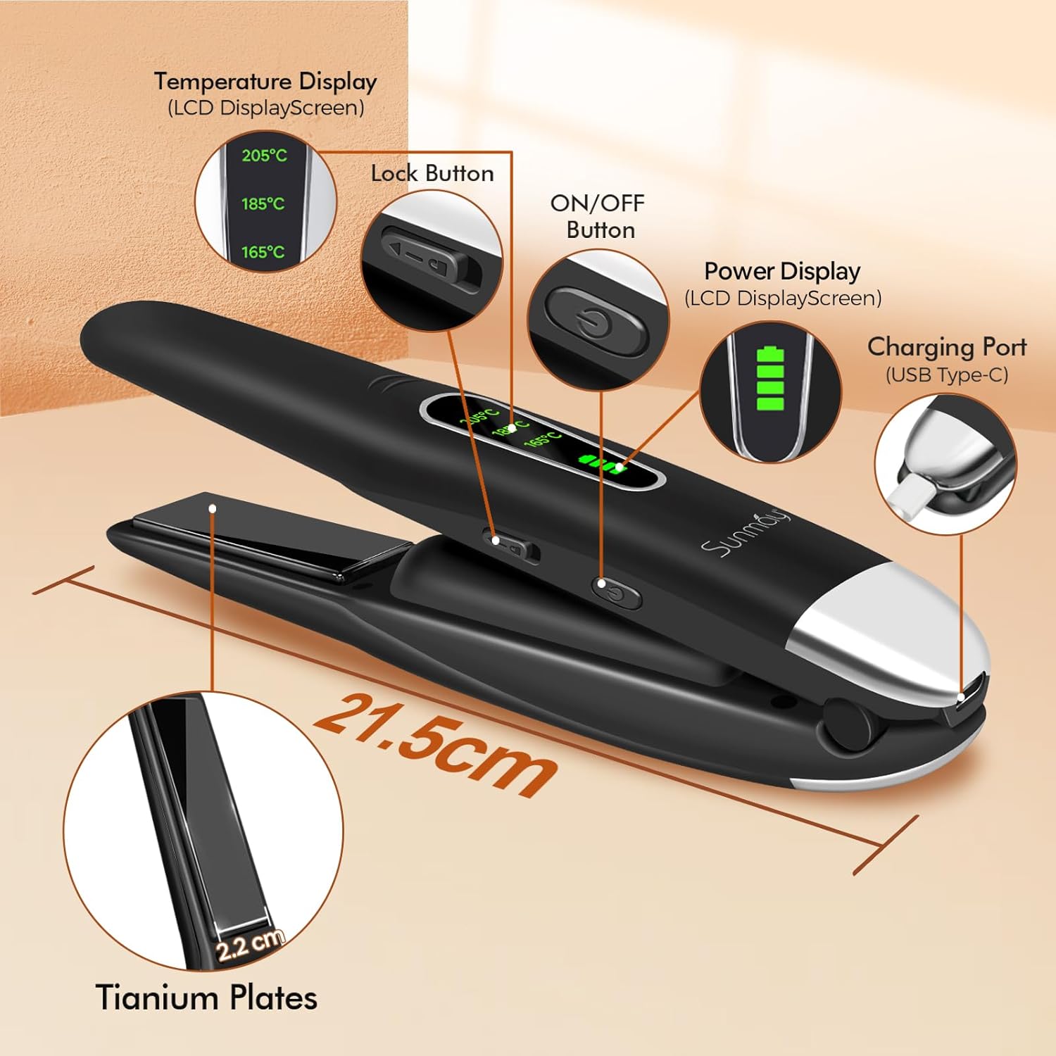 SUNMAY - Lisseur 2en1 sans fil, titane, 5000mAh, 3 températures, mini, noir