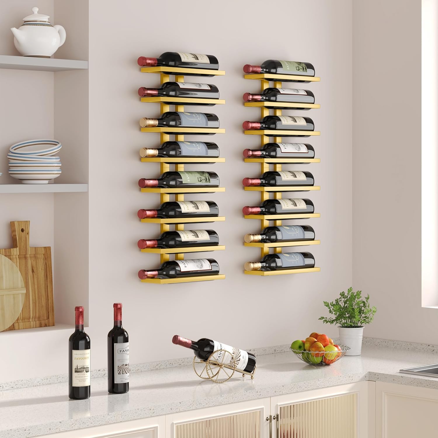 FAVOOSTY - Porte-bouteilles mural 8 niveaux métal, doré, 80x20 cm