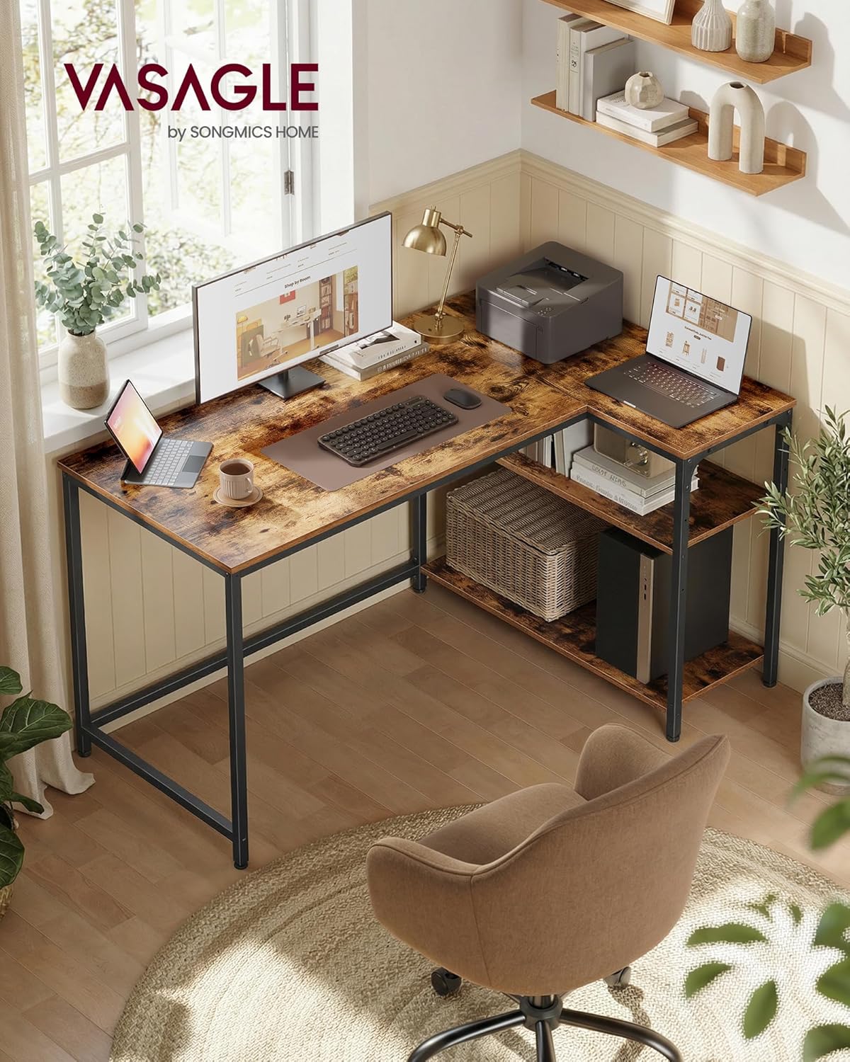 VASAGLE - Bureau Gaming L - 120x80 cm - rangement, étagères réglables - LWD136KD01