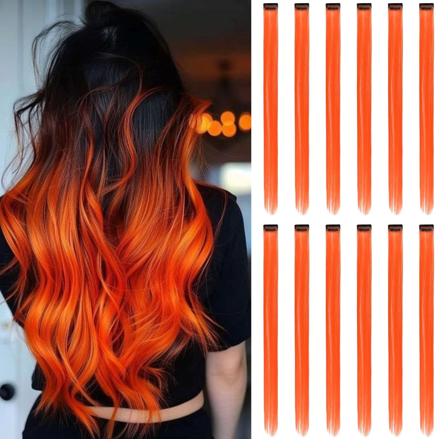Extensions de cheveux - mèches à clipser, 50 cm, 12 pcs, orange