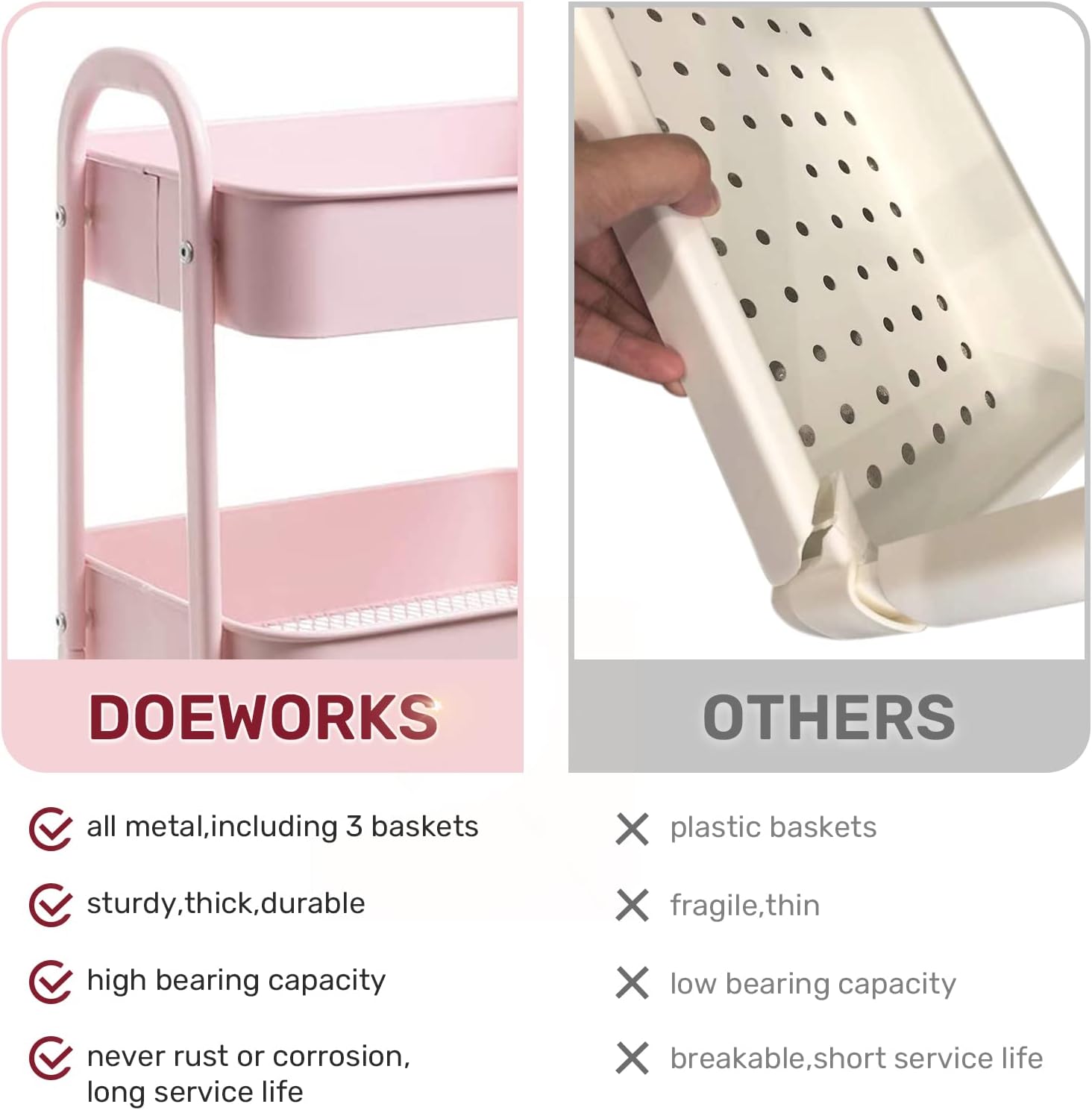 DOEWORKS - chariot 3 niveaux métal, roulettes, rose, rangement compact