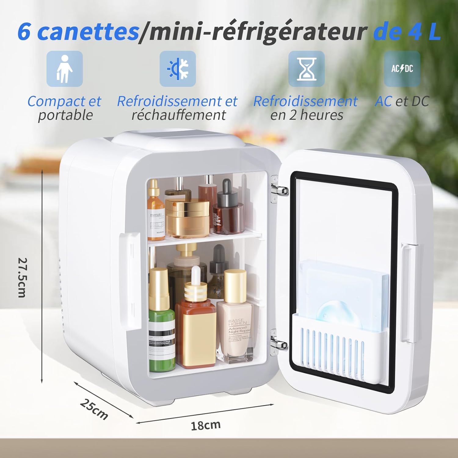 YASHE - Mini frigo chambre 4L, miroir LED, chauffe/refroidit, portable