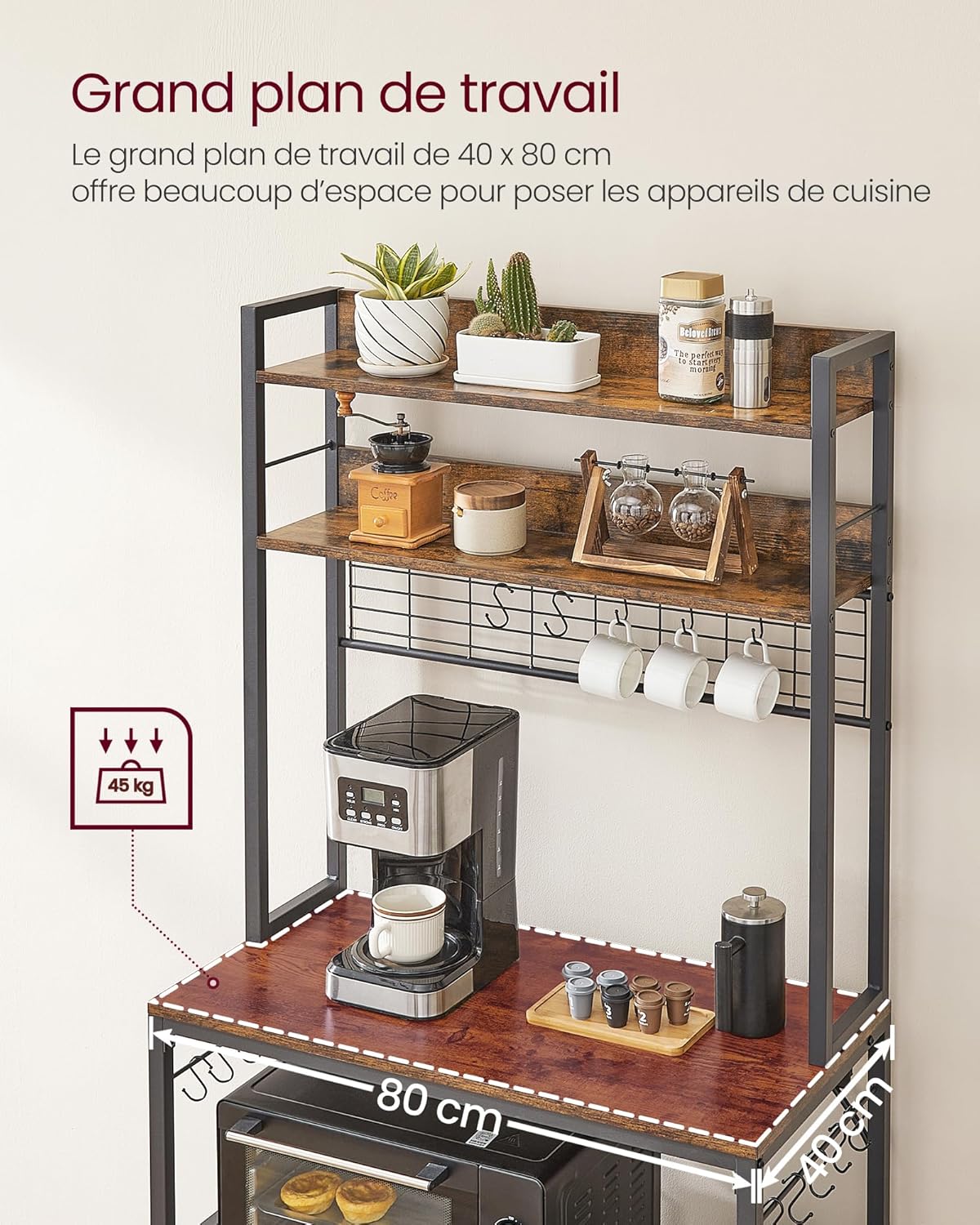 VASAGLE - étagère cuisine série KKS - 40x80x170 cm, multiprise, crochets, marron/noir, KKS025B01EU