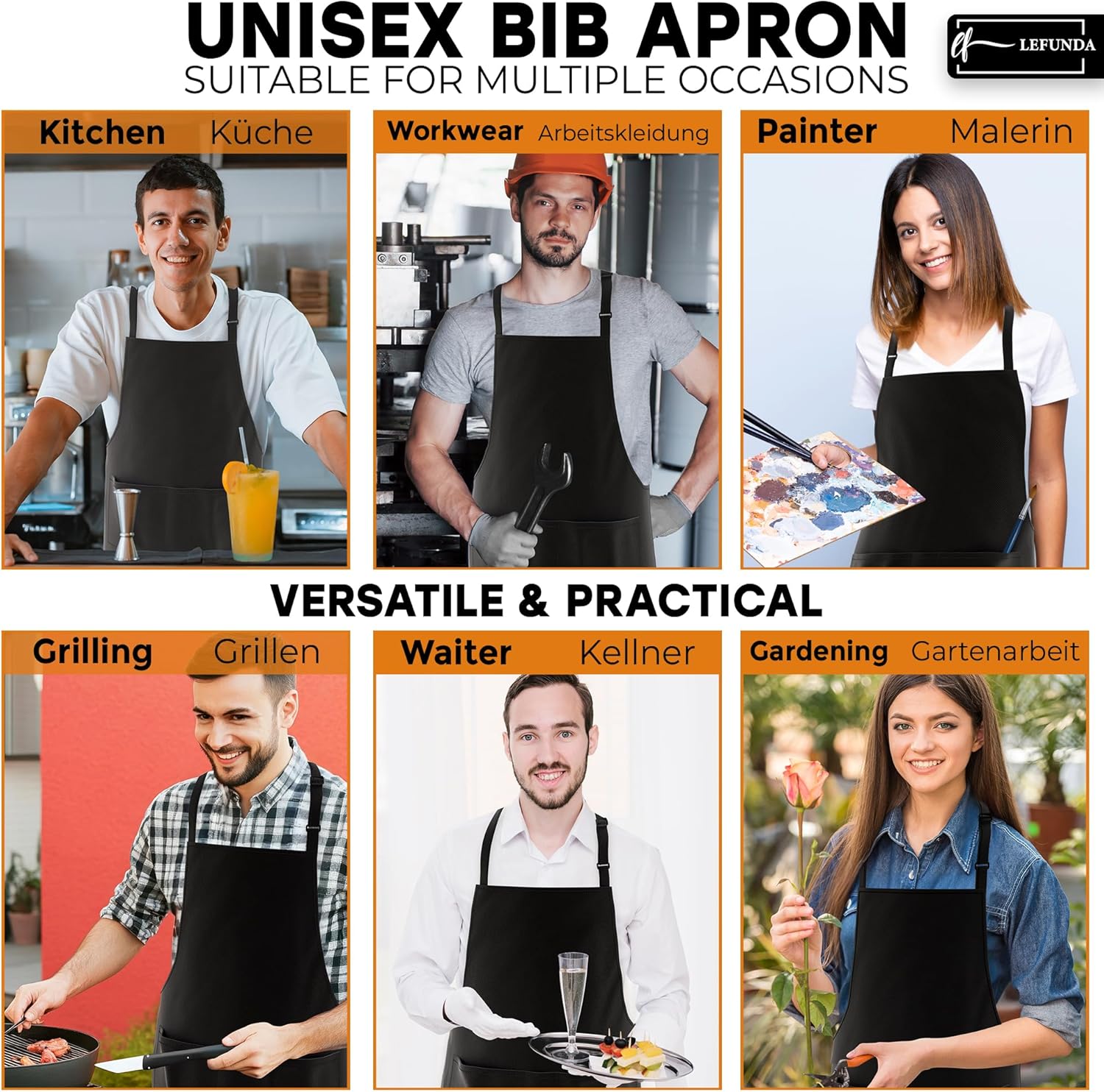 Tablier de cuisine - modèle étanche 3 poches - réglable unisexe, longues lanières, usage pro, BBQ, jardin