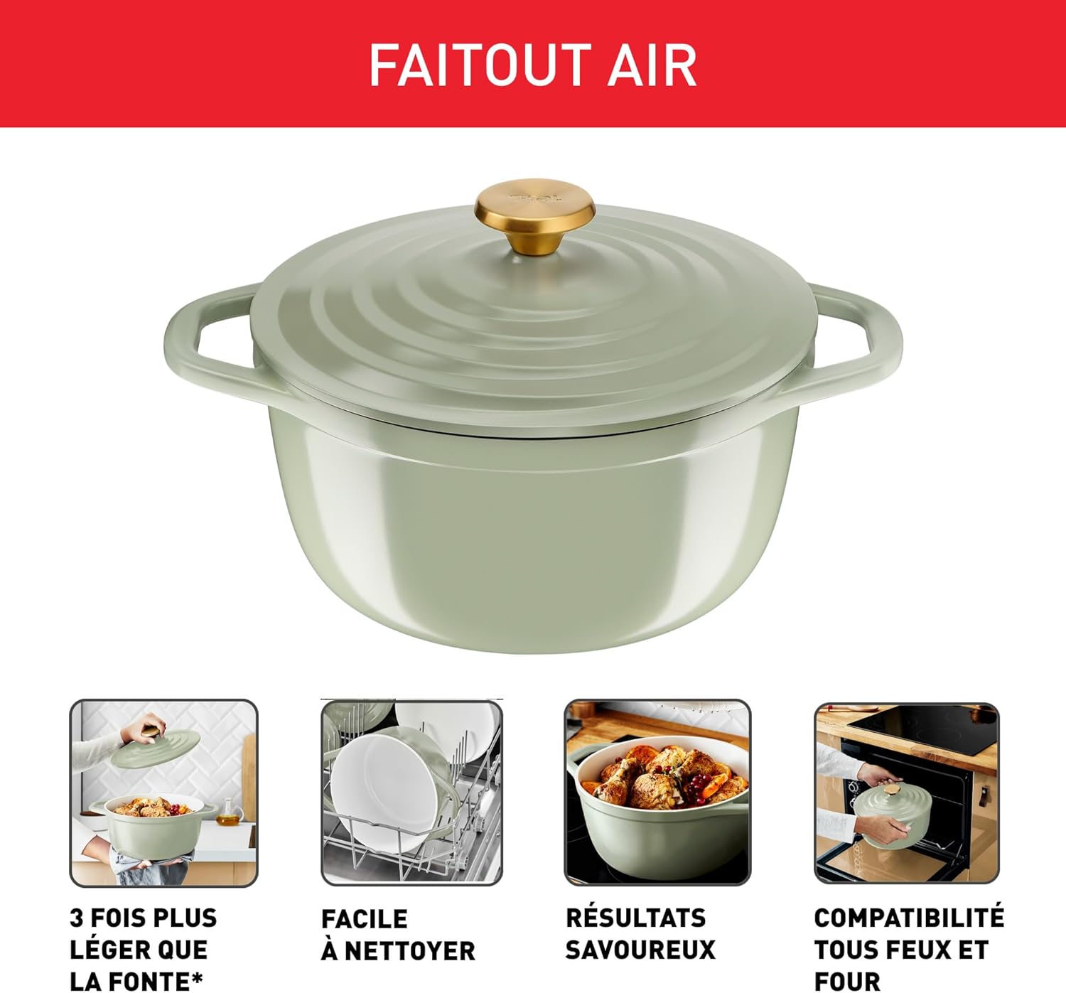 Tefal - Air Soft Light - cocotte 24cm fonte alu, induction, facile à nettoyer, E2664625