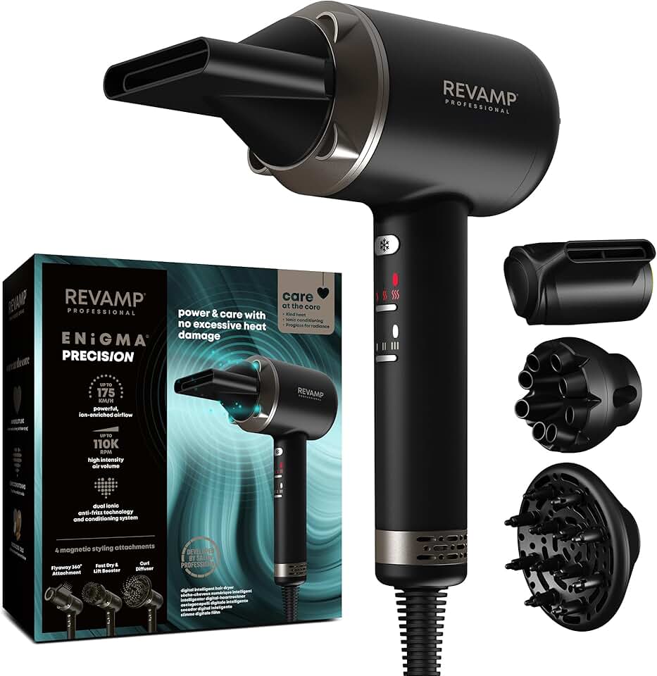 Revamp - Enigma Precision - léger, silencieux, séchage rapide, 4 embouts magnétiques