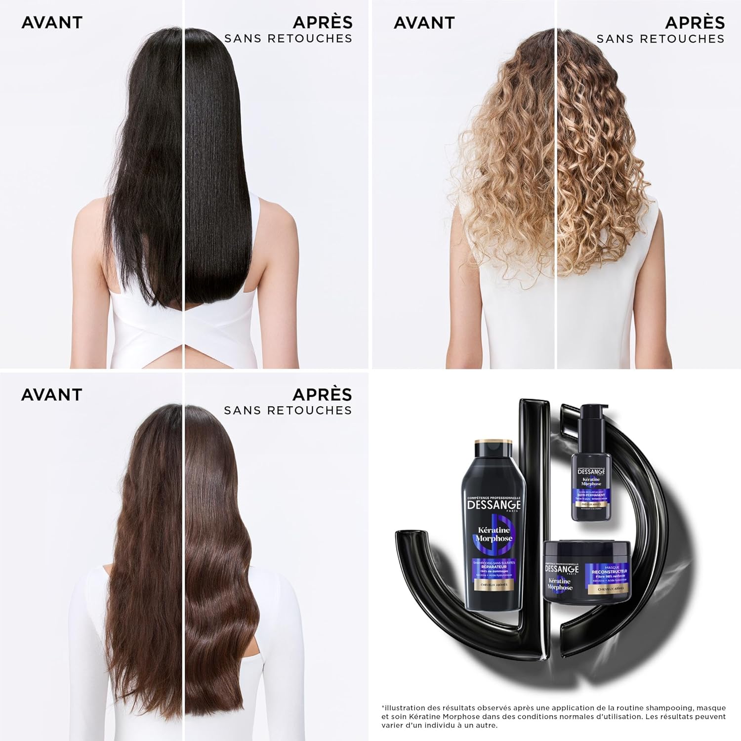 DESSANGE - Routine Kératine Morphose - 280ml/280ml/50ml - Répare et scelle la fibre, cheveux secs