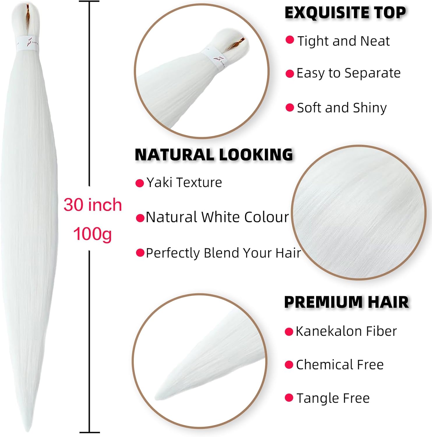 Rajout cheveux tressés pré-étirés - 30 pouces - kanekalon synthétique blanc, 6 paquets, pour tresses africaines