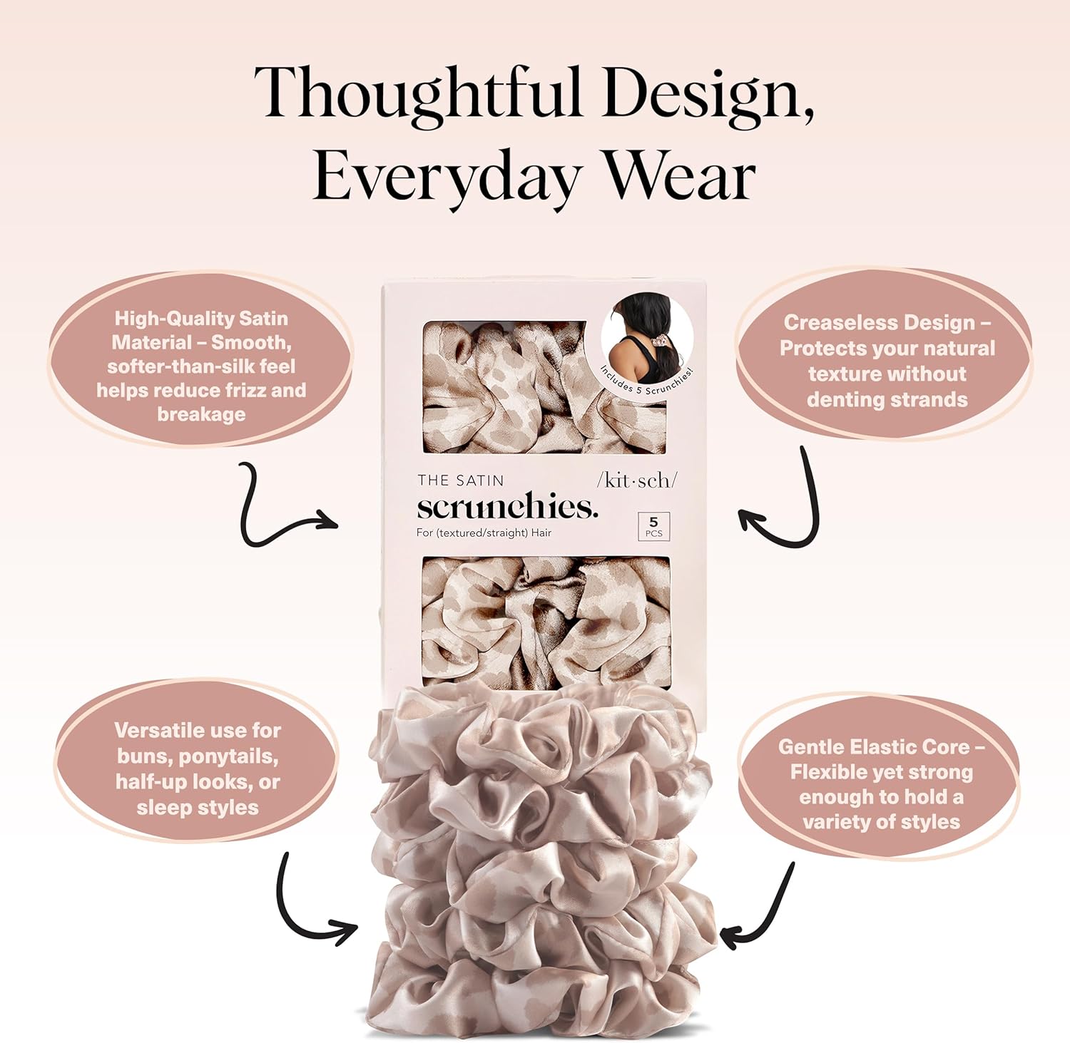 Chouchous satin imprimé léopard, sans plis, tous types de cheveux, 5 pcs