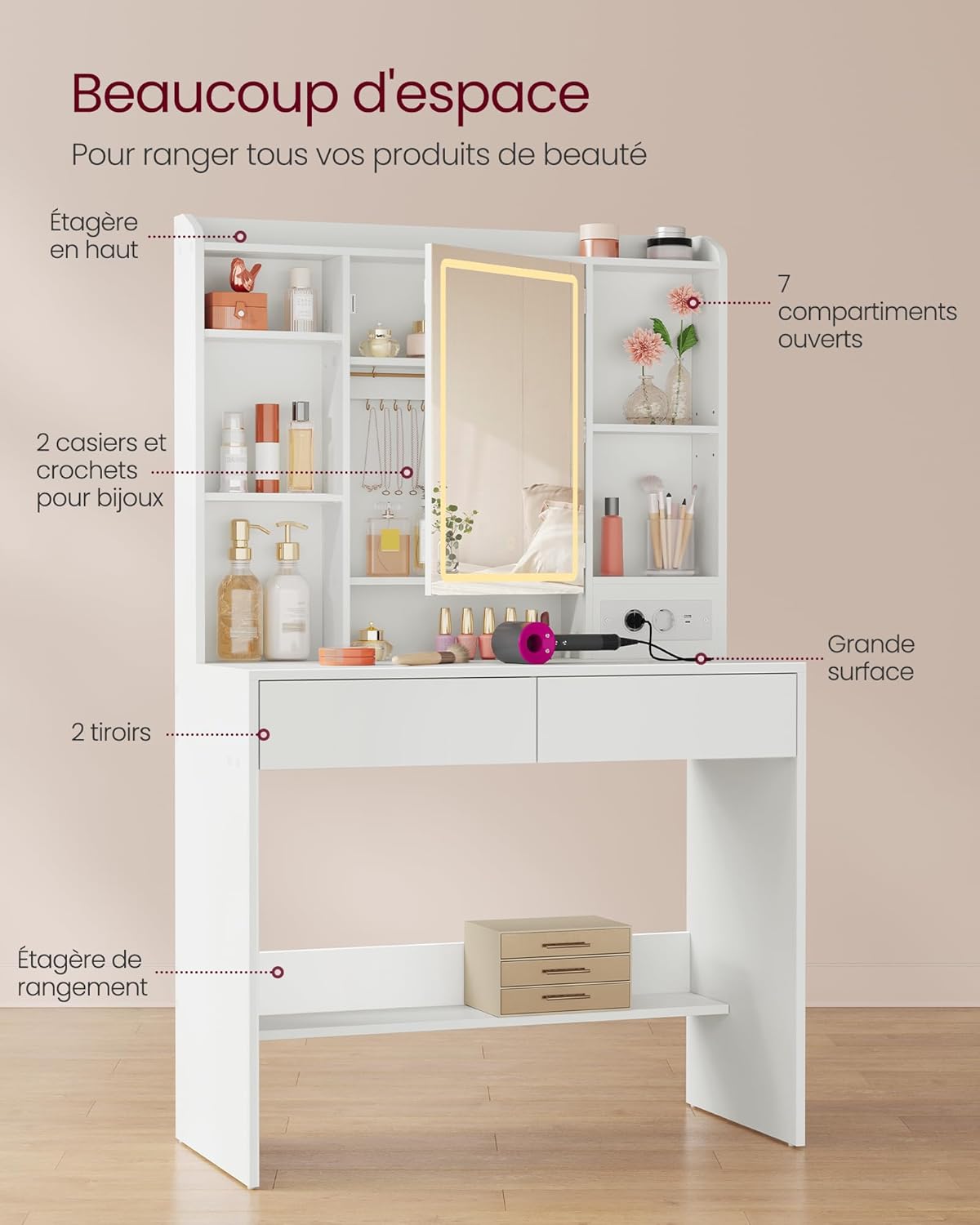 VASAGLE - coiffeuse Kailyn, blanche, miroir LED, 2 tiroirs, RDT143WB01