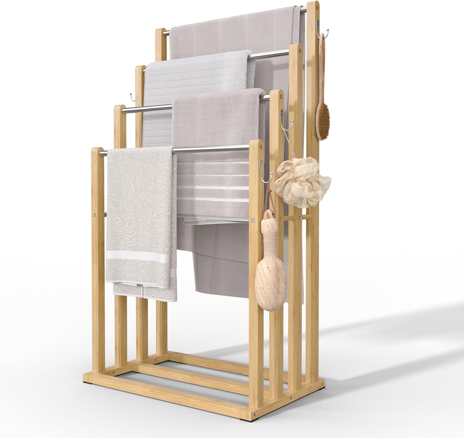 VOUNOT - Porte-serviettes 4 niveaux bambou - autoportant, crochets, bain