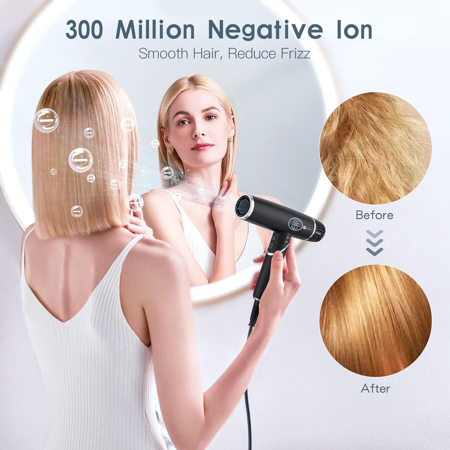 Sèche-cheveux ionique pliable - compact - moteur brushless 110000 RPM, écran LCD, faible bruit
