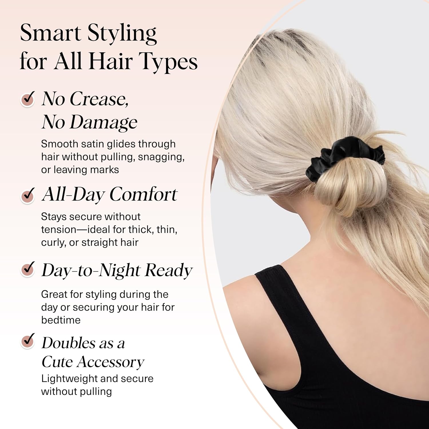 Kitsch - Chouchous en soie, lot de 5 - tailles standard - satin noir, élastiques sans trace, cheveux jour/nuit