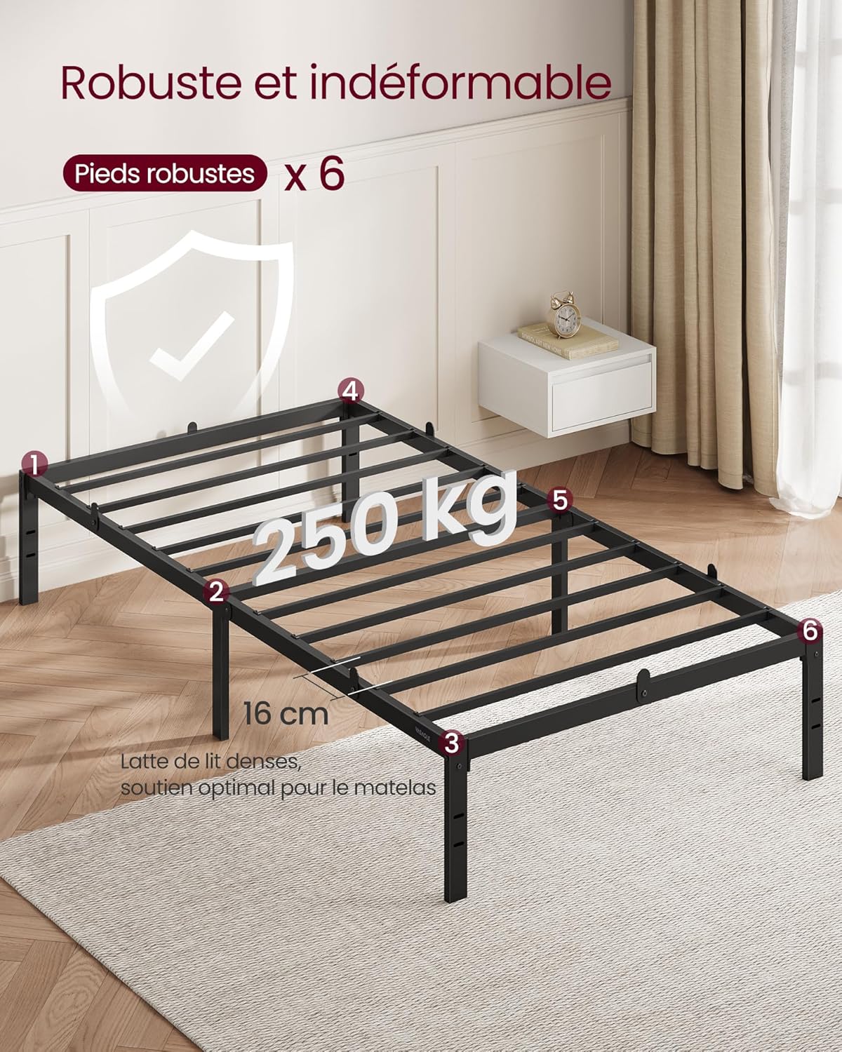 VASAGLE - cadre lit simple - 90x190 cm - métal, rangement, montage facile, RMB131B01