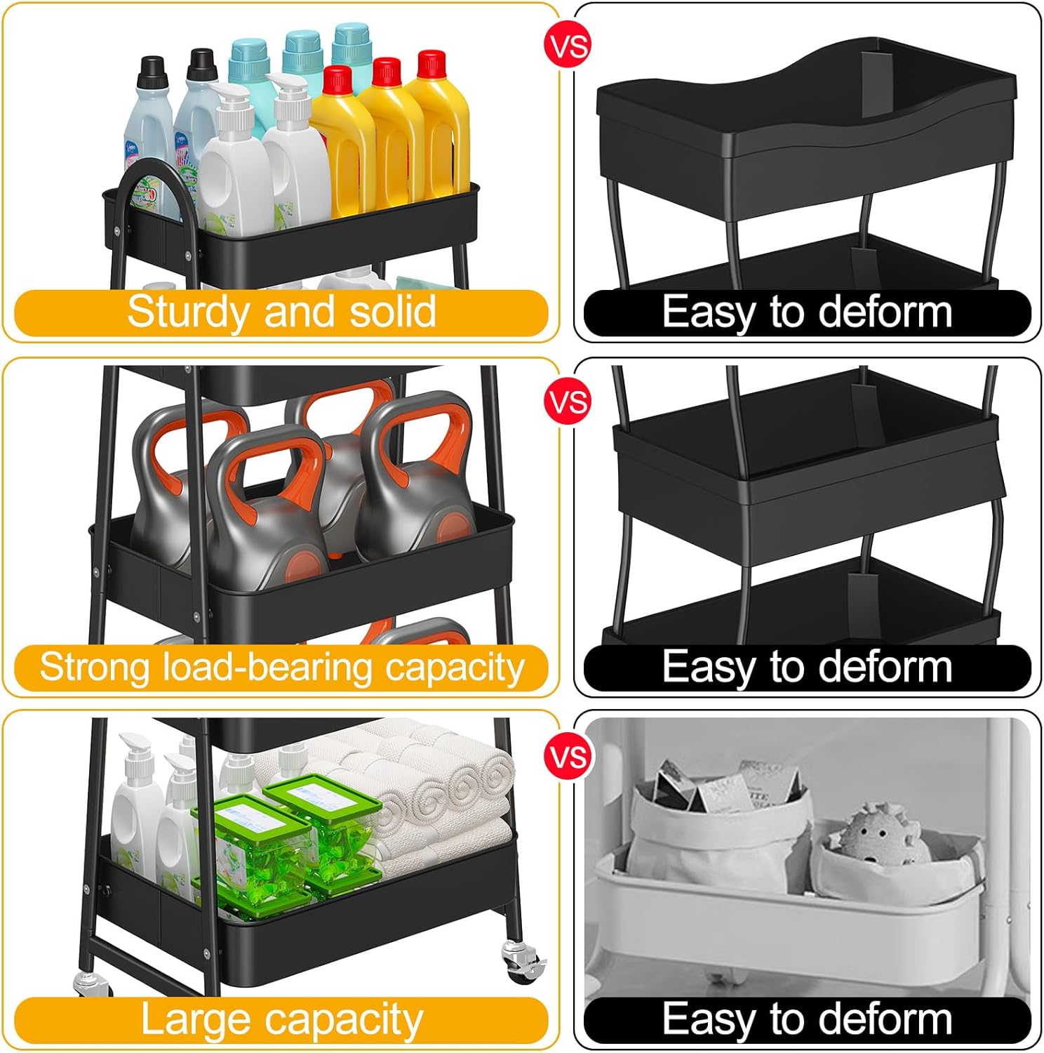 Chariot de rangement - 3 étages - métal, roulettes, polyvalent, noir