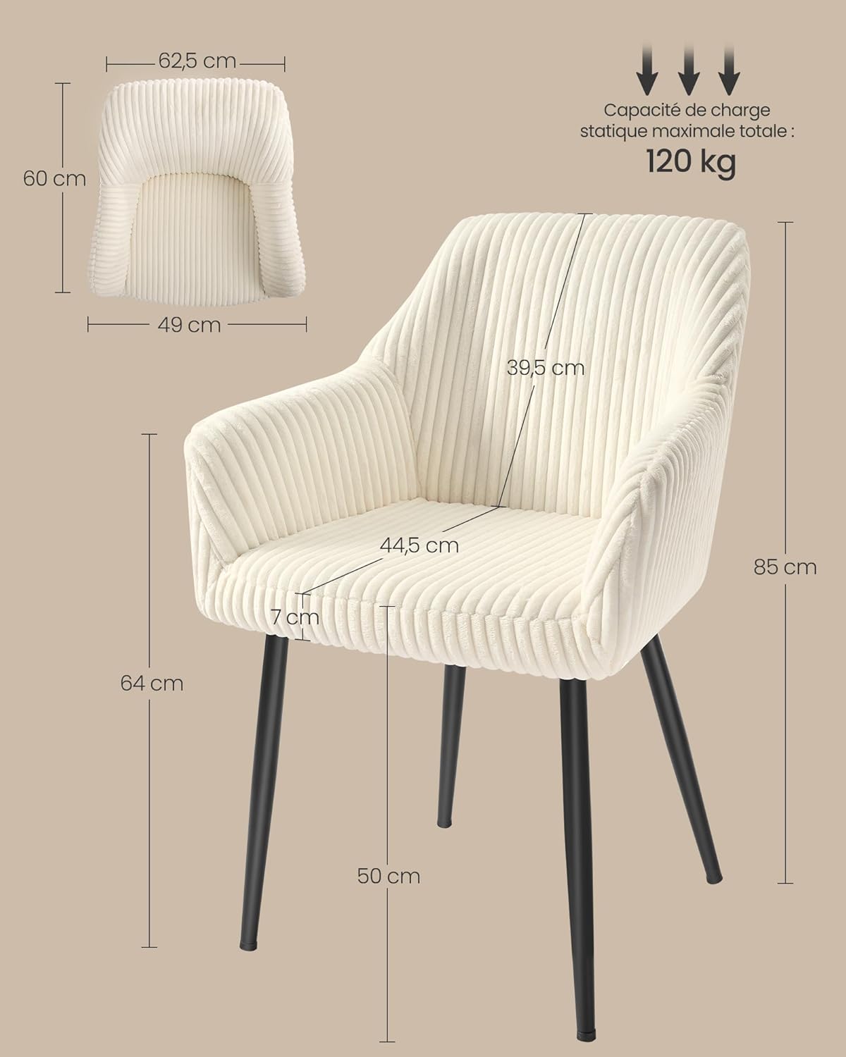 SONGMICS - chaise salle à manger velours, accoudoirs, métal, 120kg, LDC087WD01