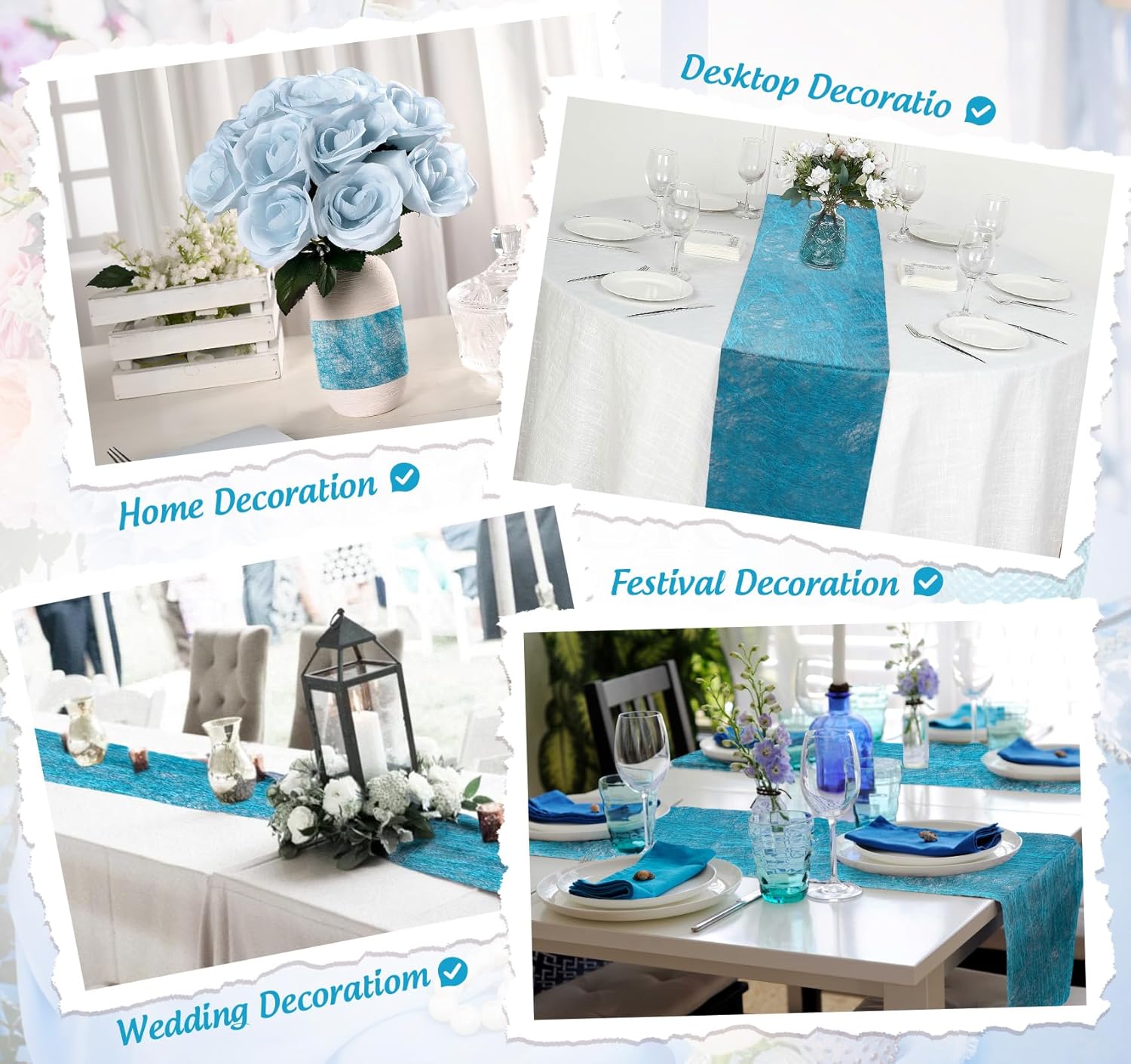 Chemin de table - bleu non tissé 30m x 23cm, 150 strass, décor élégant