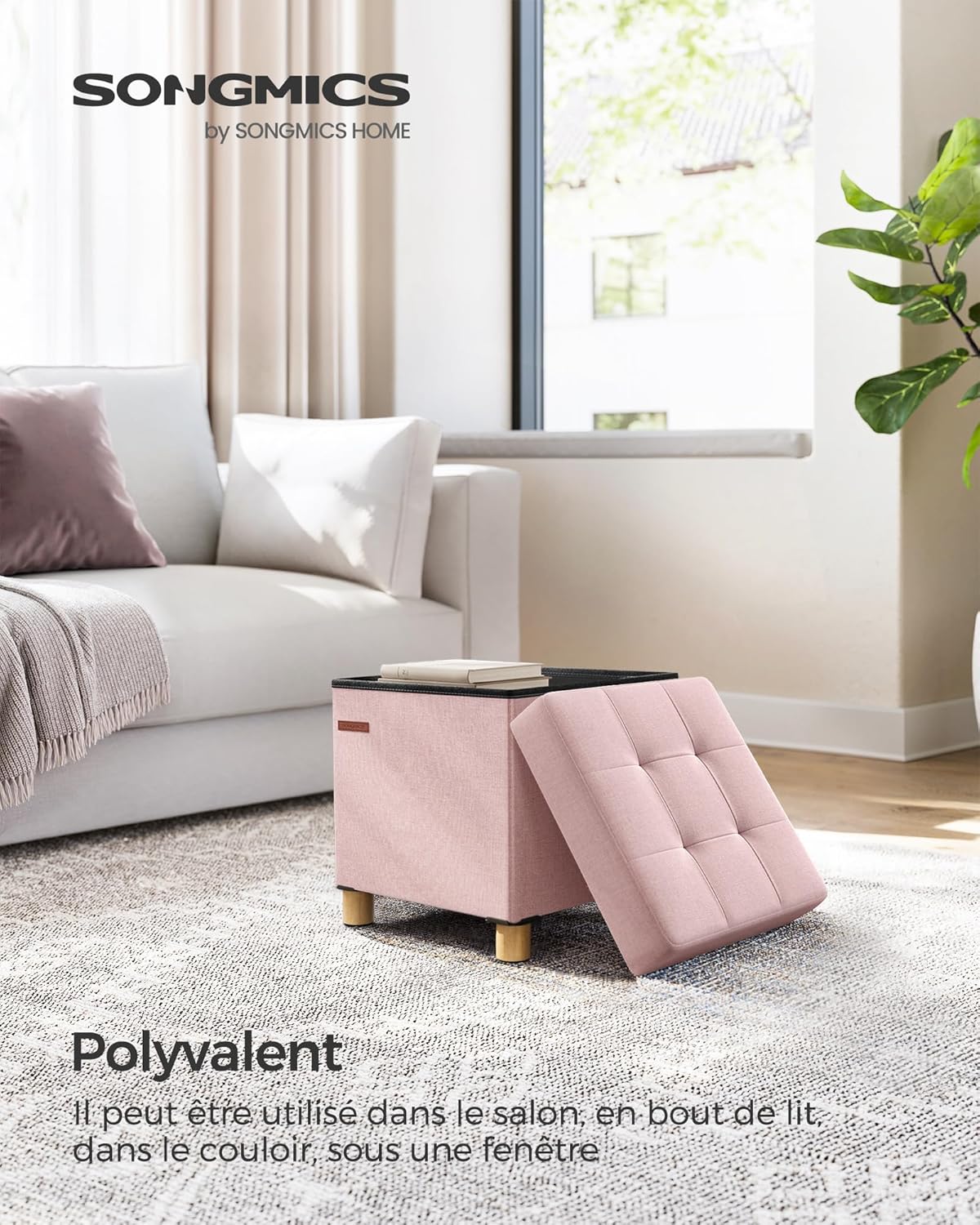 SONGMICS - tabouret pliable 38x38x40 cm, repose-pieds, 300 kg, rangement, Rose Bonbon LSF014P11