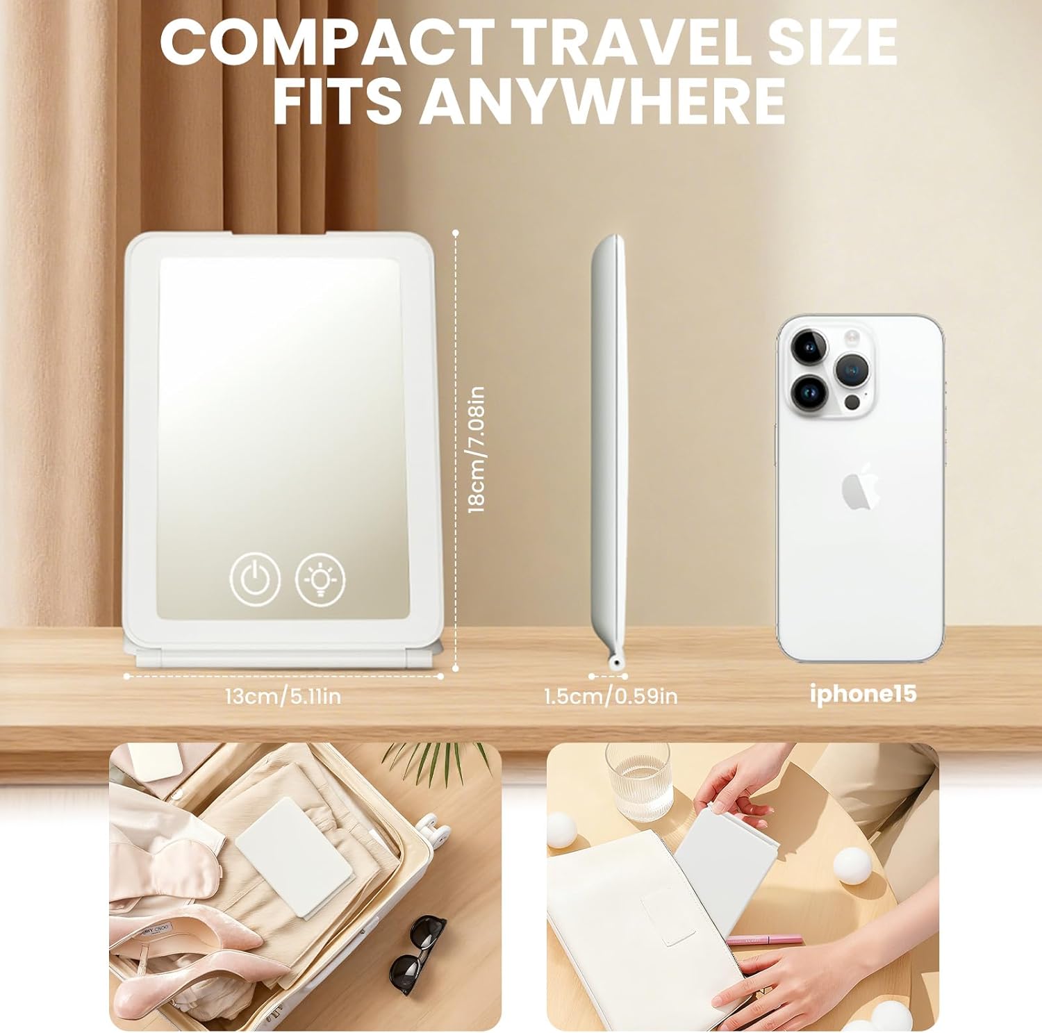 Miroir de maquillage LED - 72 LED, 1500mAh, 3 modes, pliable, portable