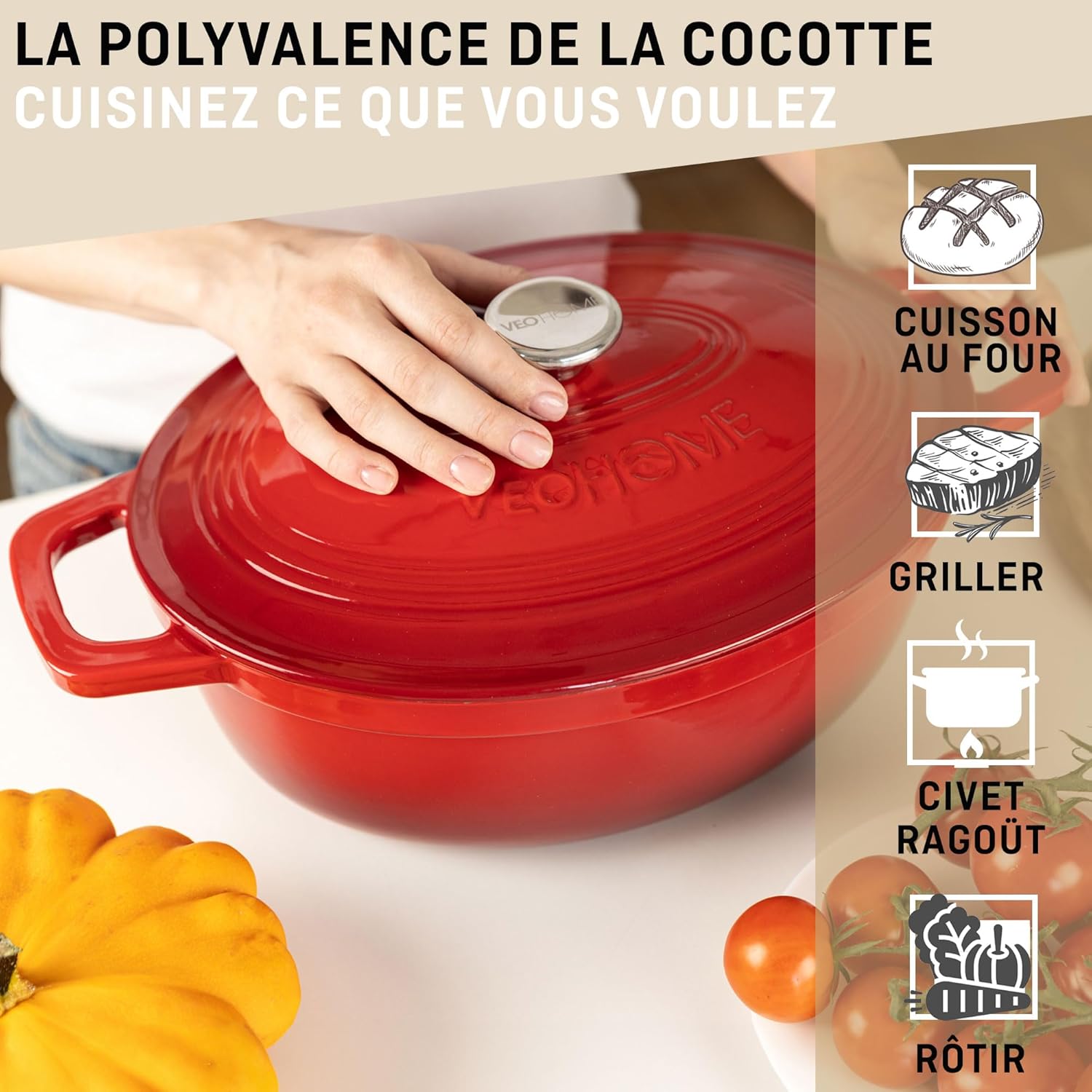 VeoHome - cocotte fonte émaillée 6L ovale - cuisson homogène - compatible induction/gaz/four