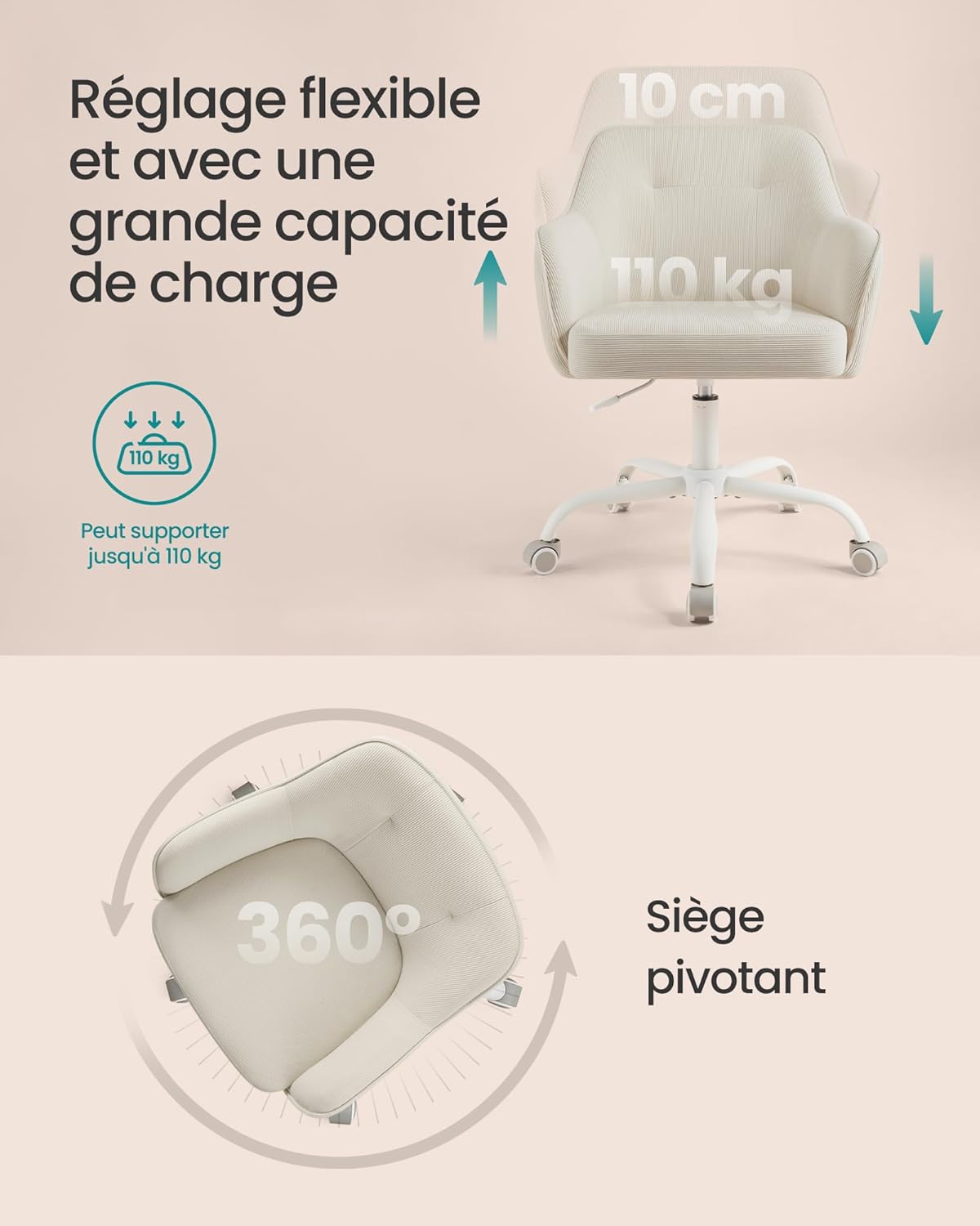 SONGMICS - fauteuil ergonomique velours, réglable, acier, 110kg - OBG019LZ01