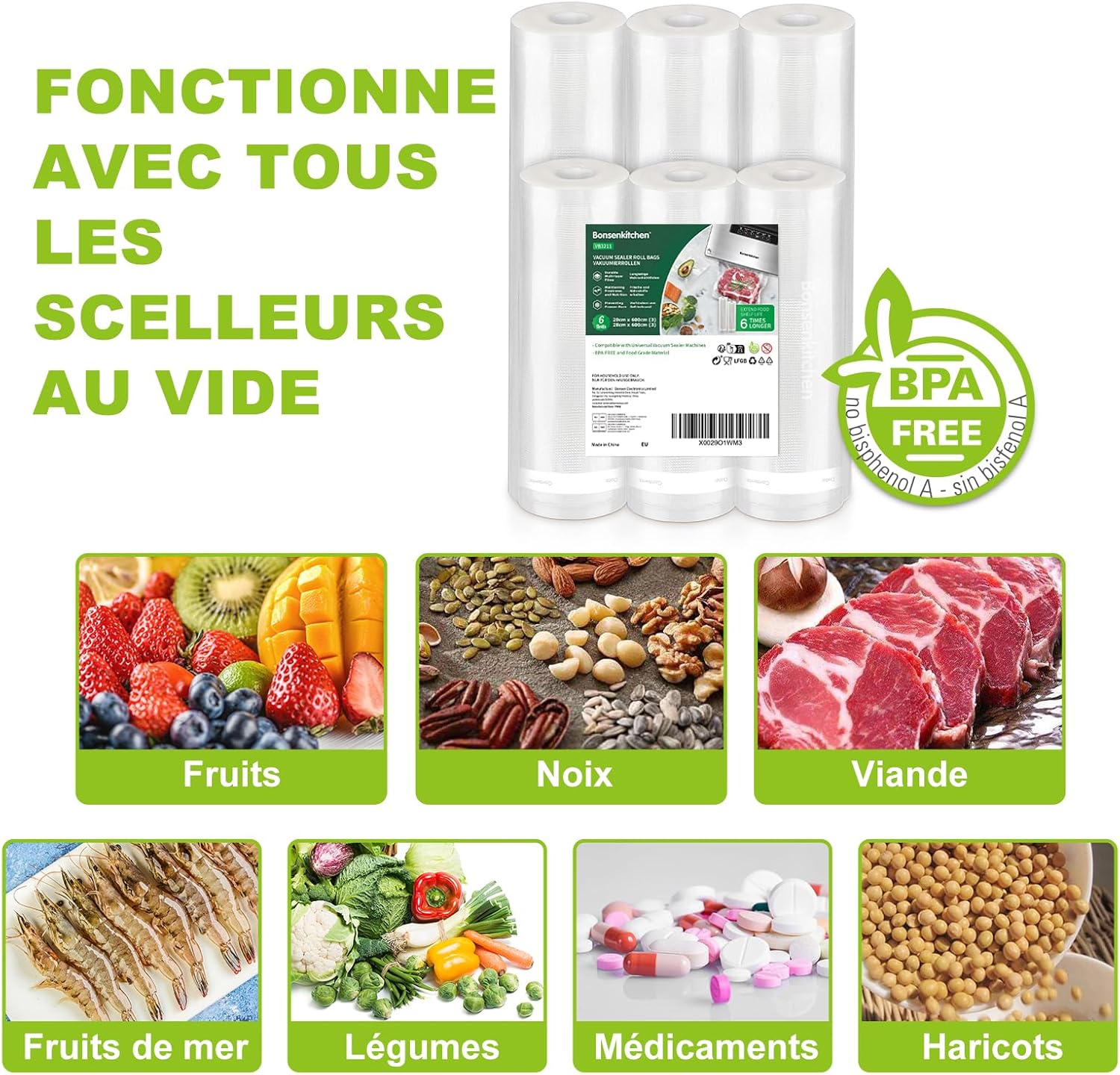 Bonsenkitchen - rouleaux sous vide alimentaire - 28x600cm et 20x600cm - sans BPA, lot de 6 - VB3211