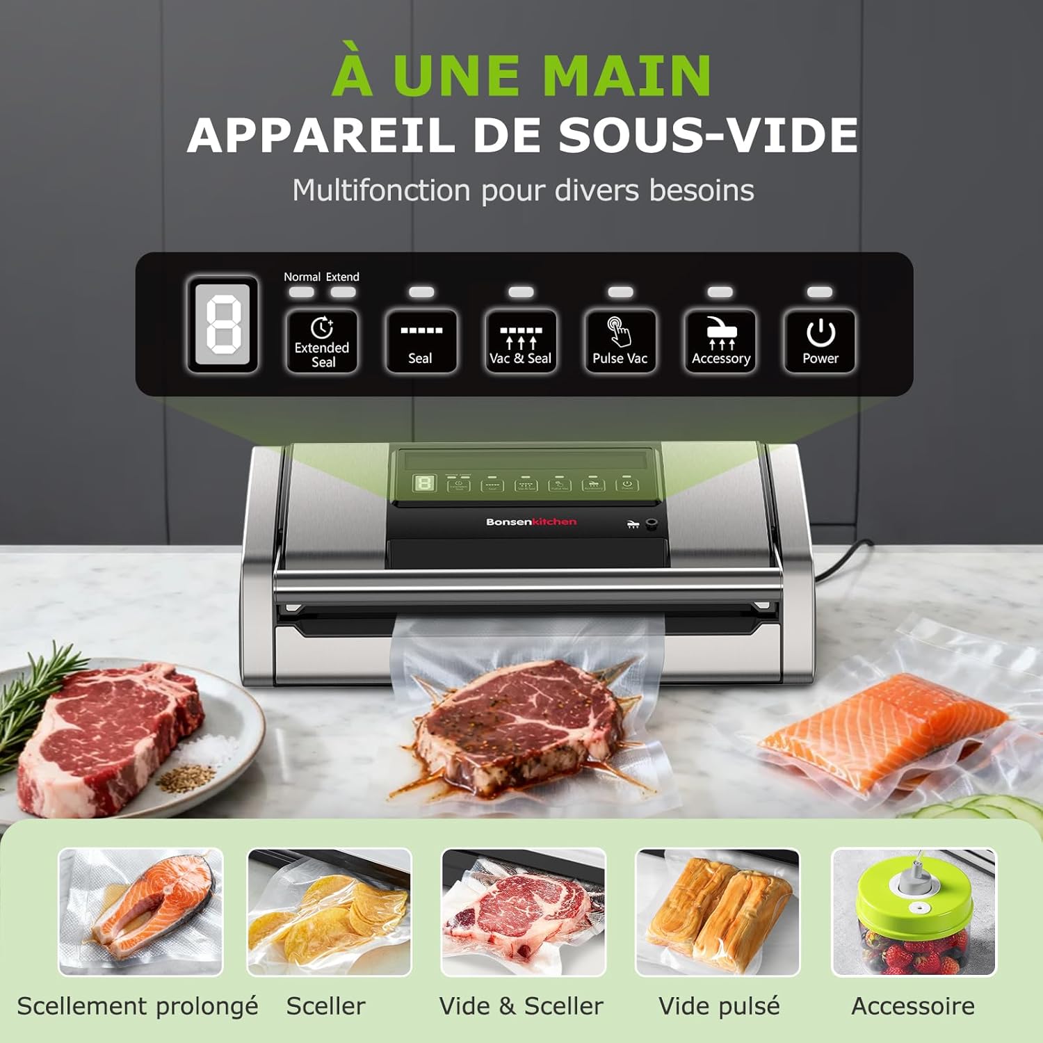 Bonsenkitchen - VS5100 - 15 L/min - Machine sous vide à clip, coupe-sac intégré