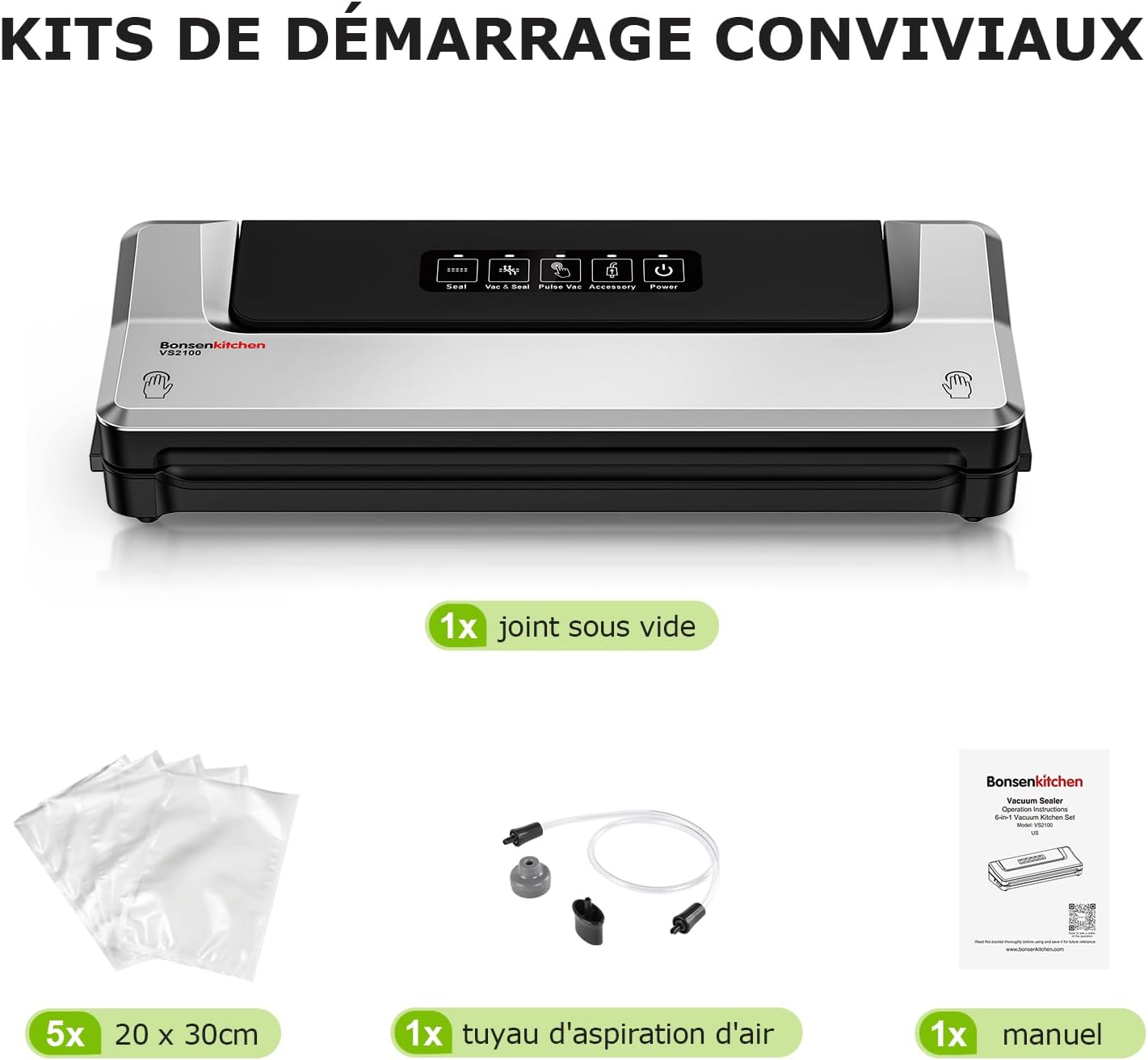Bonsenkitchen - machine sous vide Y5 - compacte - 5 sacs inclus, mise sous vide facile
