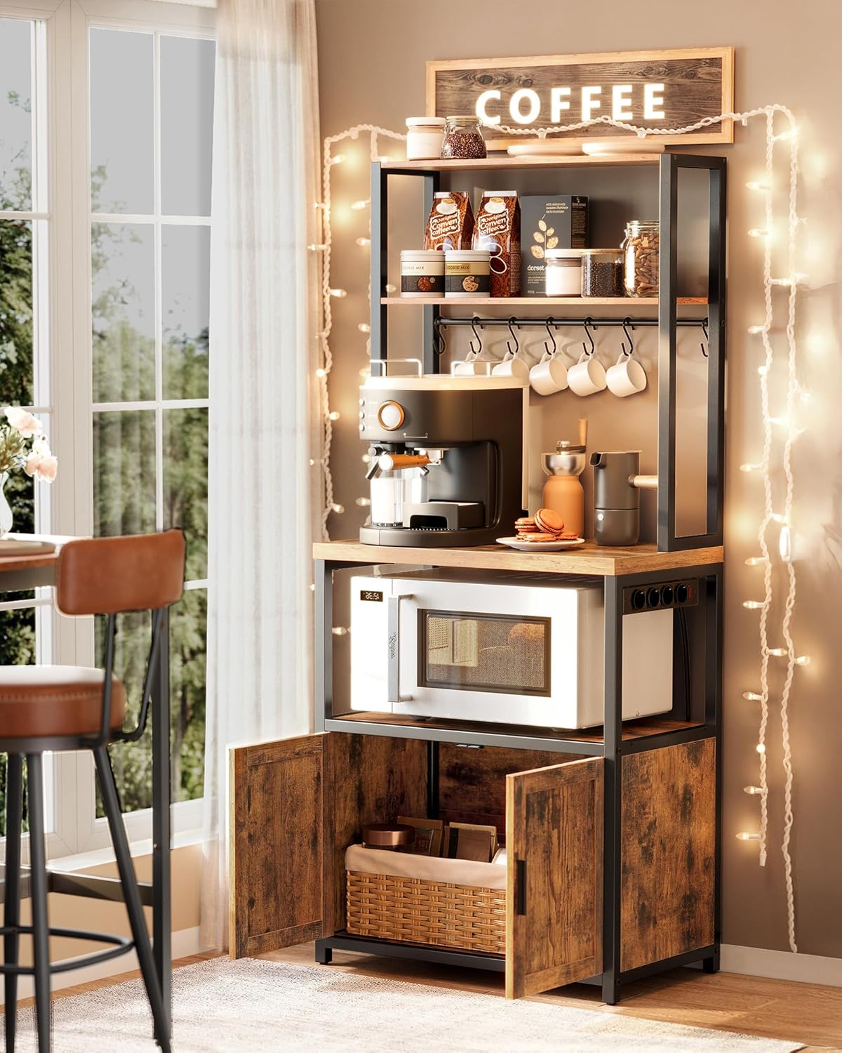 VASAGLE - étagère cuisine série KKS - 40x60x170 cm - avec multiprise, 8 crochets, plan 90 cm, marron/noir KKS058K02