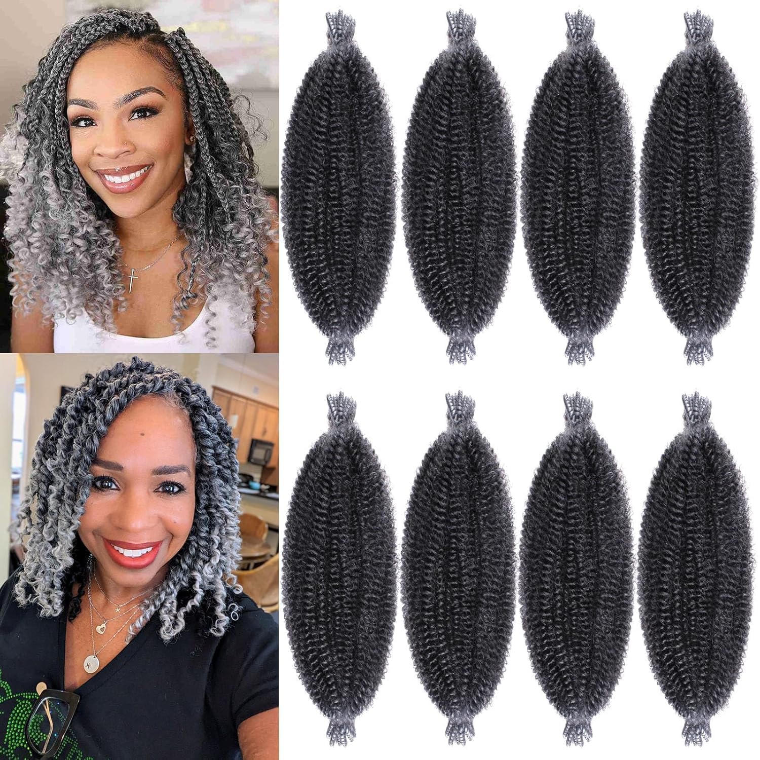 Xtrend - Marley series - 8 paquets, 8 mèches/paquet - cheveux afro crochet pré-gonflés, gris