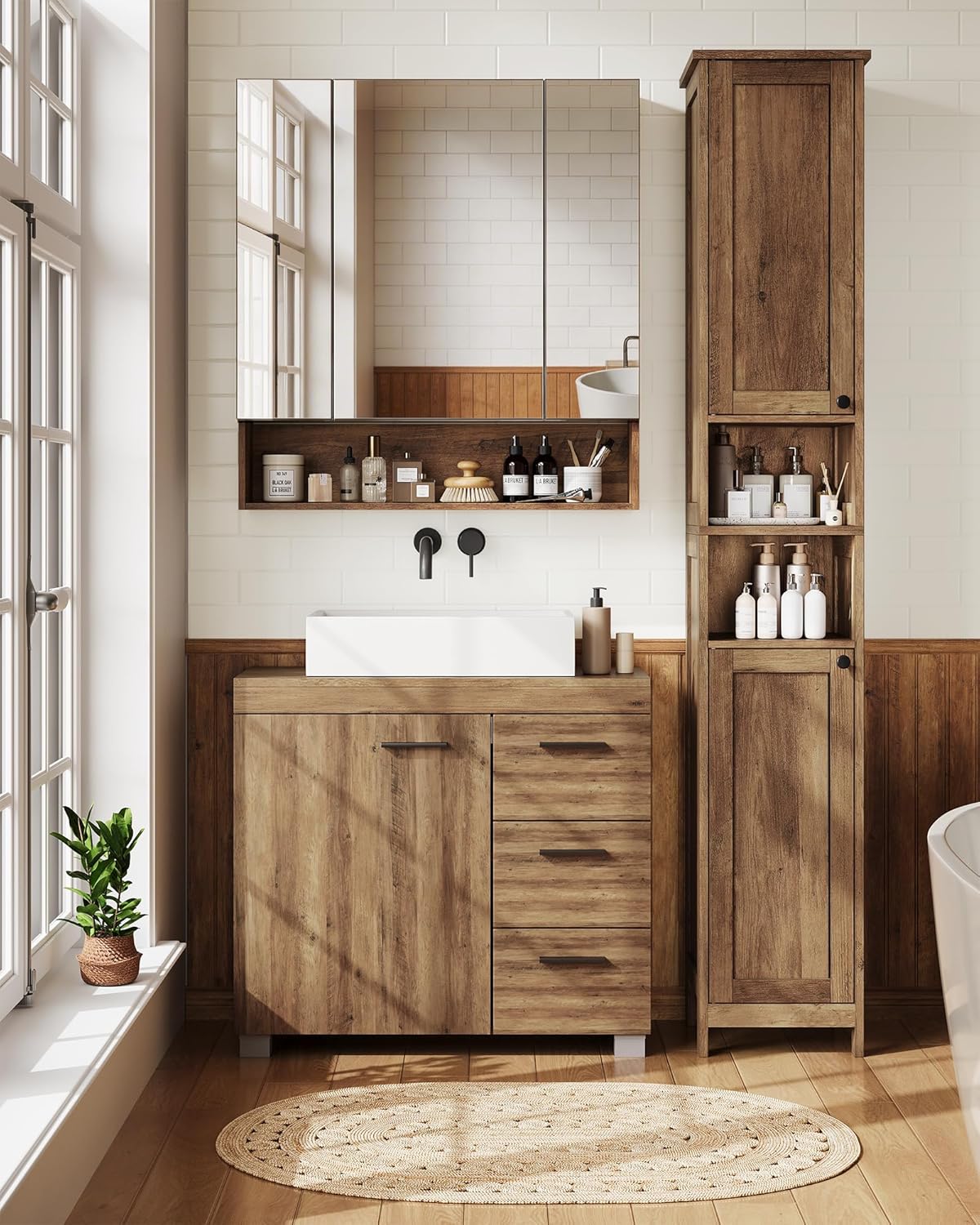 VASAGLE - armoire de salle de bain haute - 30 cm - étagères réglables, éclairage, marron miel - BBK566KB01