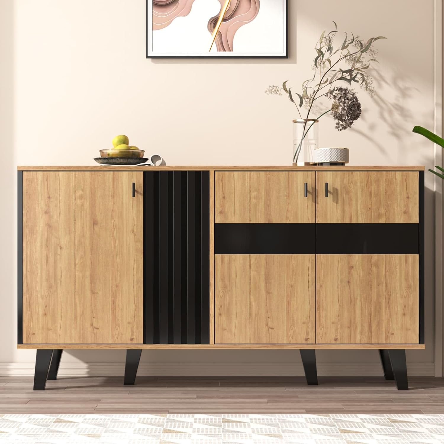 KOMHTOM - buffet bois noir/vitrine LED, 140x78x41 cm, 6 compartiments KOMHTOM