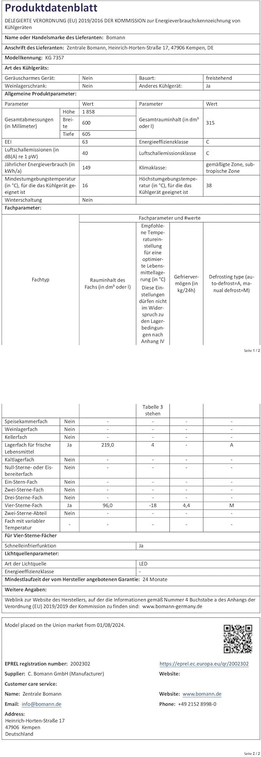 Bomann - combiné réfrigérateur congélateur 315L - LED, porte réversible, KG7357-Noir