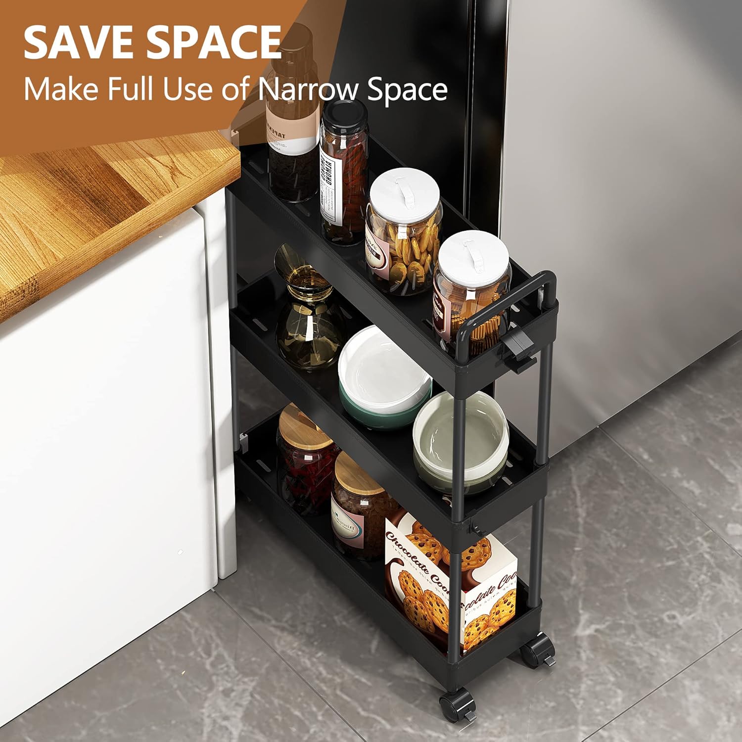 SOLEJAZZ - Chariot de rangement 3 étagères plastique, noir, mobile, compact - SOLEJAZZ