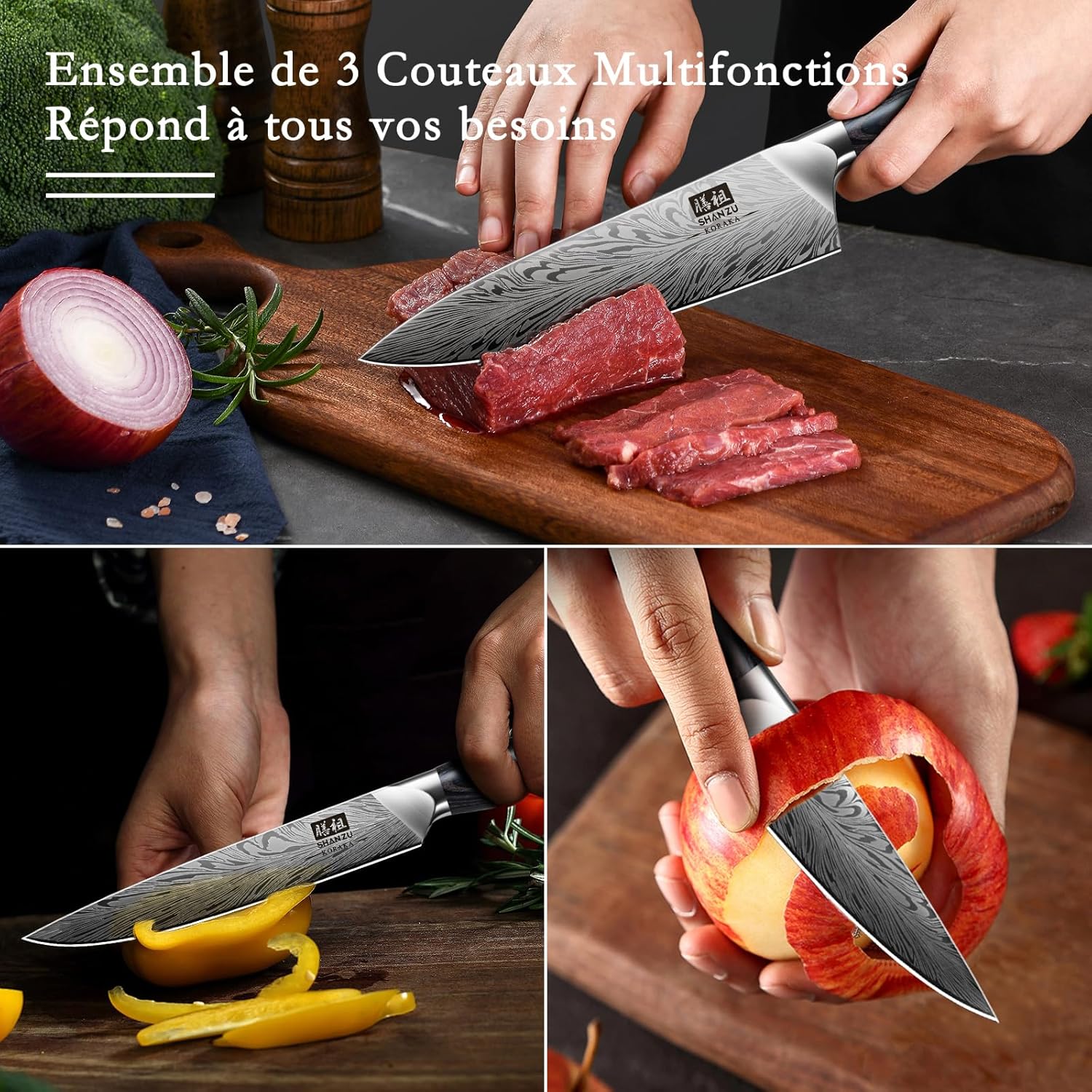 SHAN ZU - Set Couteaux Cuisine 3 pièces - acier poudré, manches bois, grande dureté
