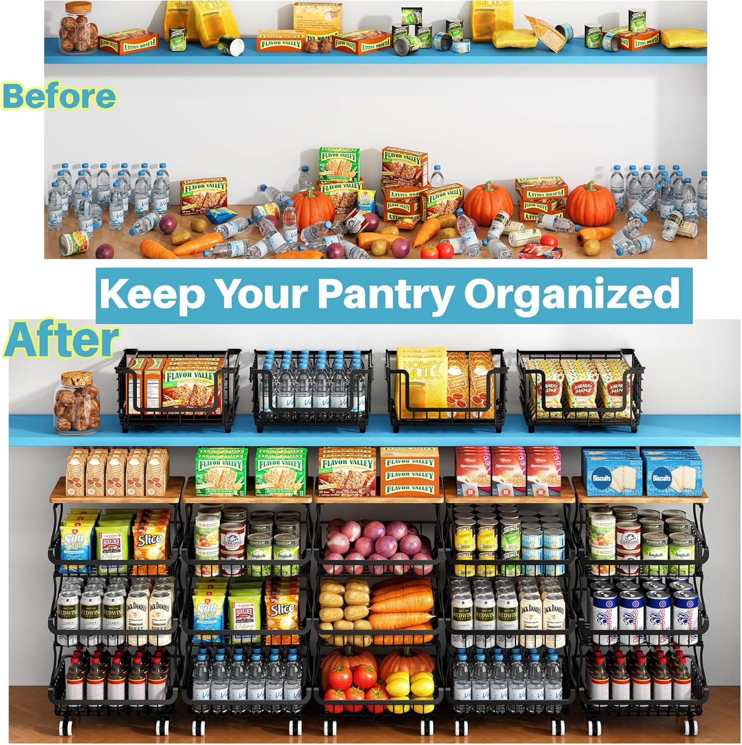 Organisateur de Garde-Manger 4 niveaux, paniers empilables, roulantes, rangement cuisine/salle de bain