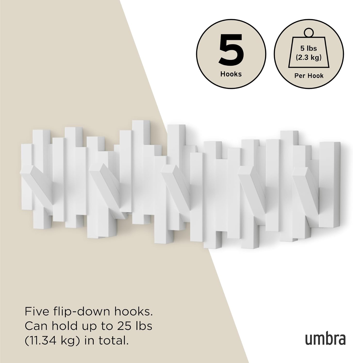 Umbra - sticks - patère murale 5 crochets rabattables blanc