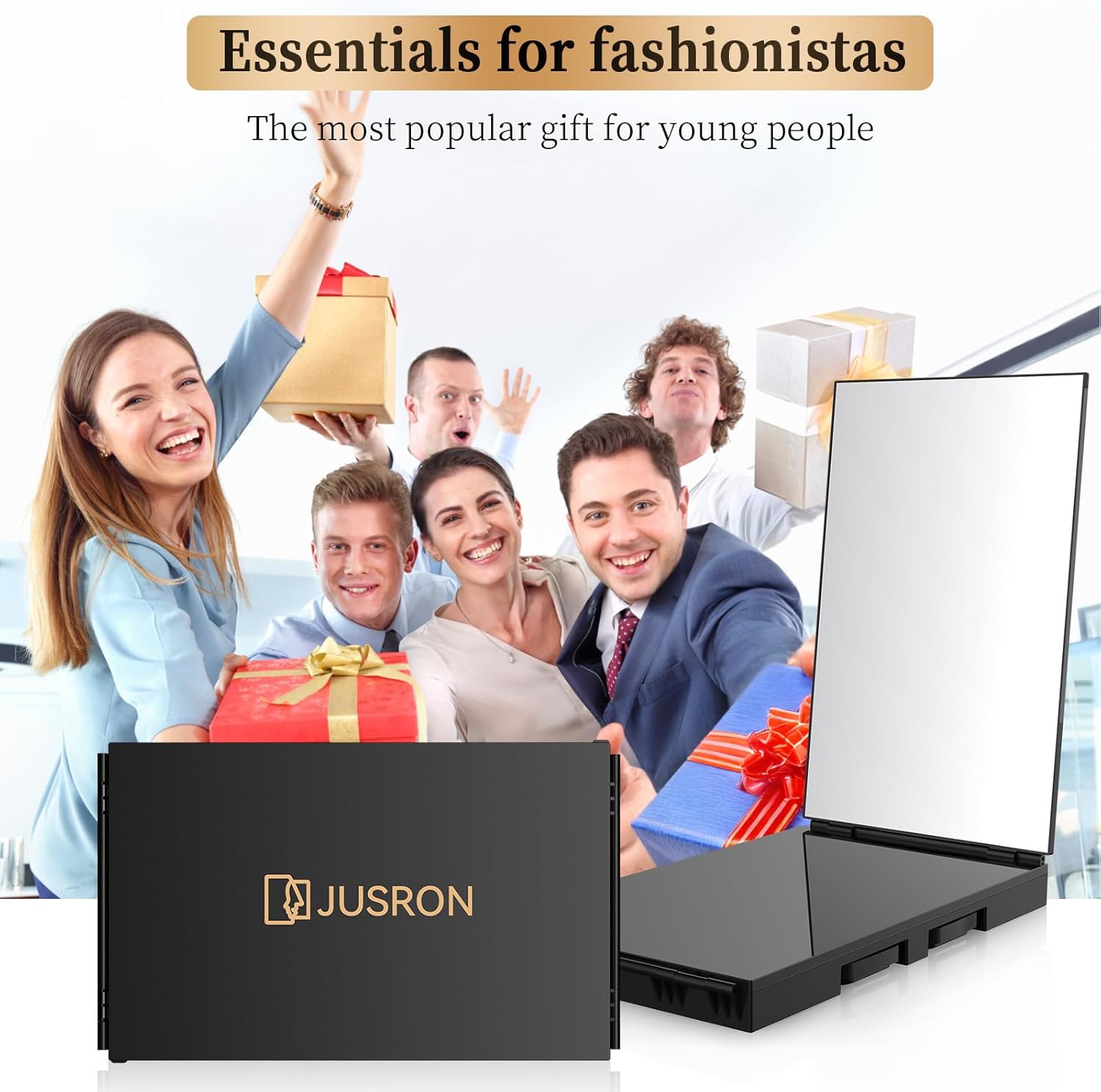 JUSRON - miroir 3 faces portable, pliable, hauteur réglable, sans LED