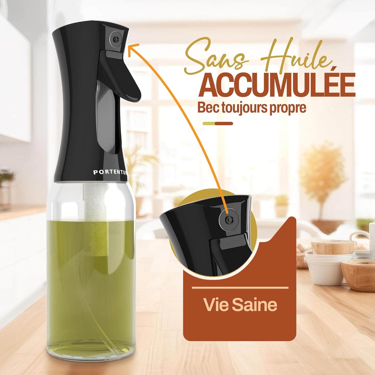 PORTENTUM - Pulvérisateur d'huile Premium 300ml - Verre anti-goutte, distributeur cuisine