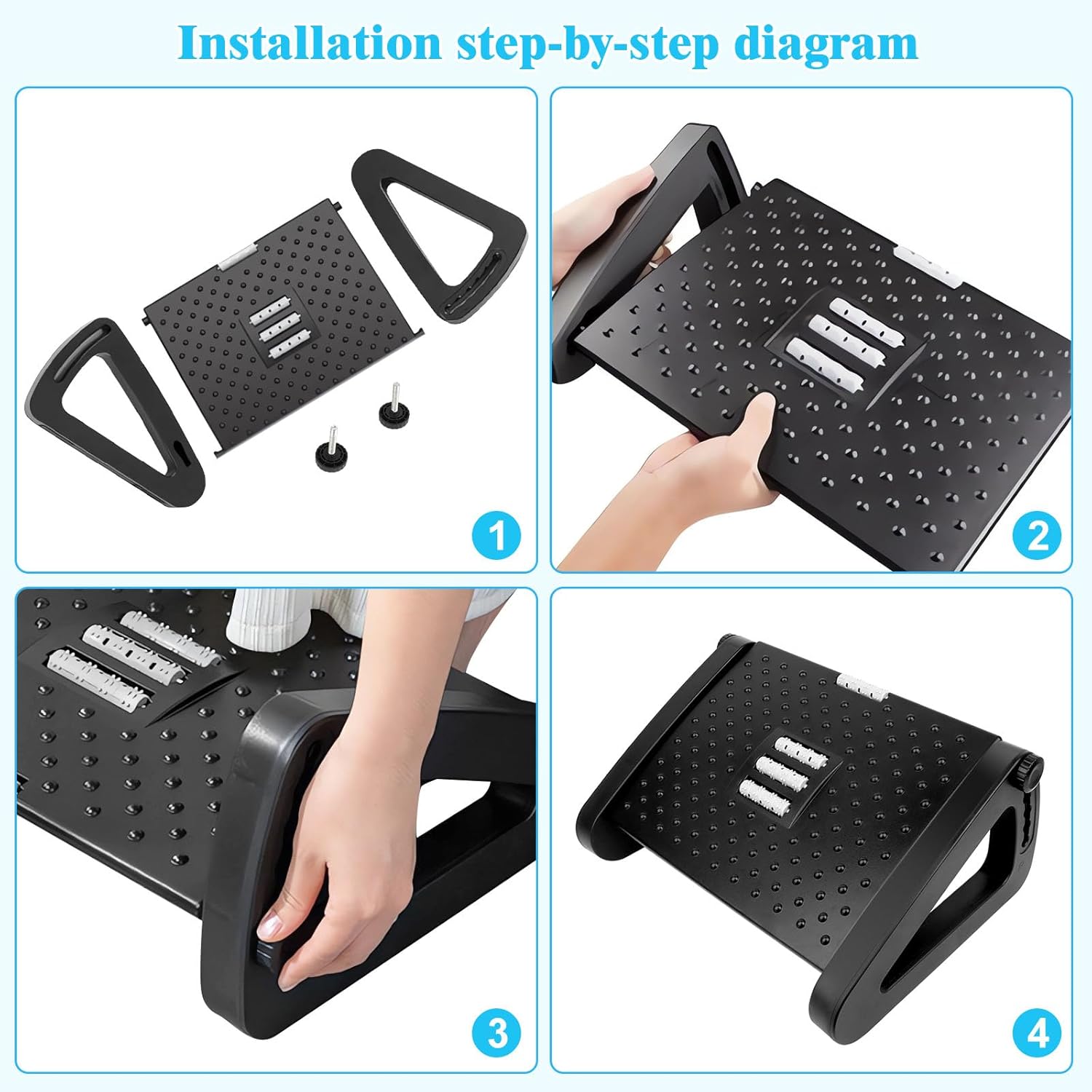 Repose-pieds de bureau réglable, ergonomique, antidérapant, fonction massage, dimensions compactes