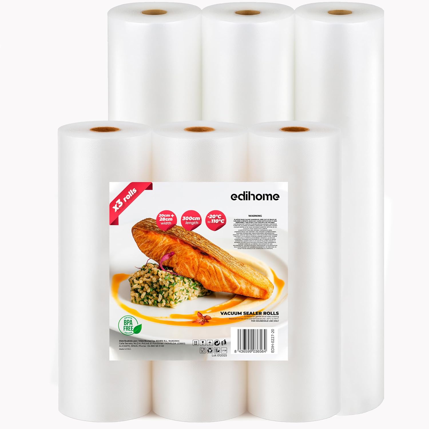 Edihome - set rouleaux sous vide - 20x300cm & 28x300cm - sans BPA, compatible cuisine